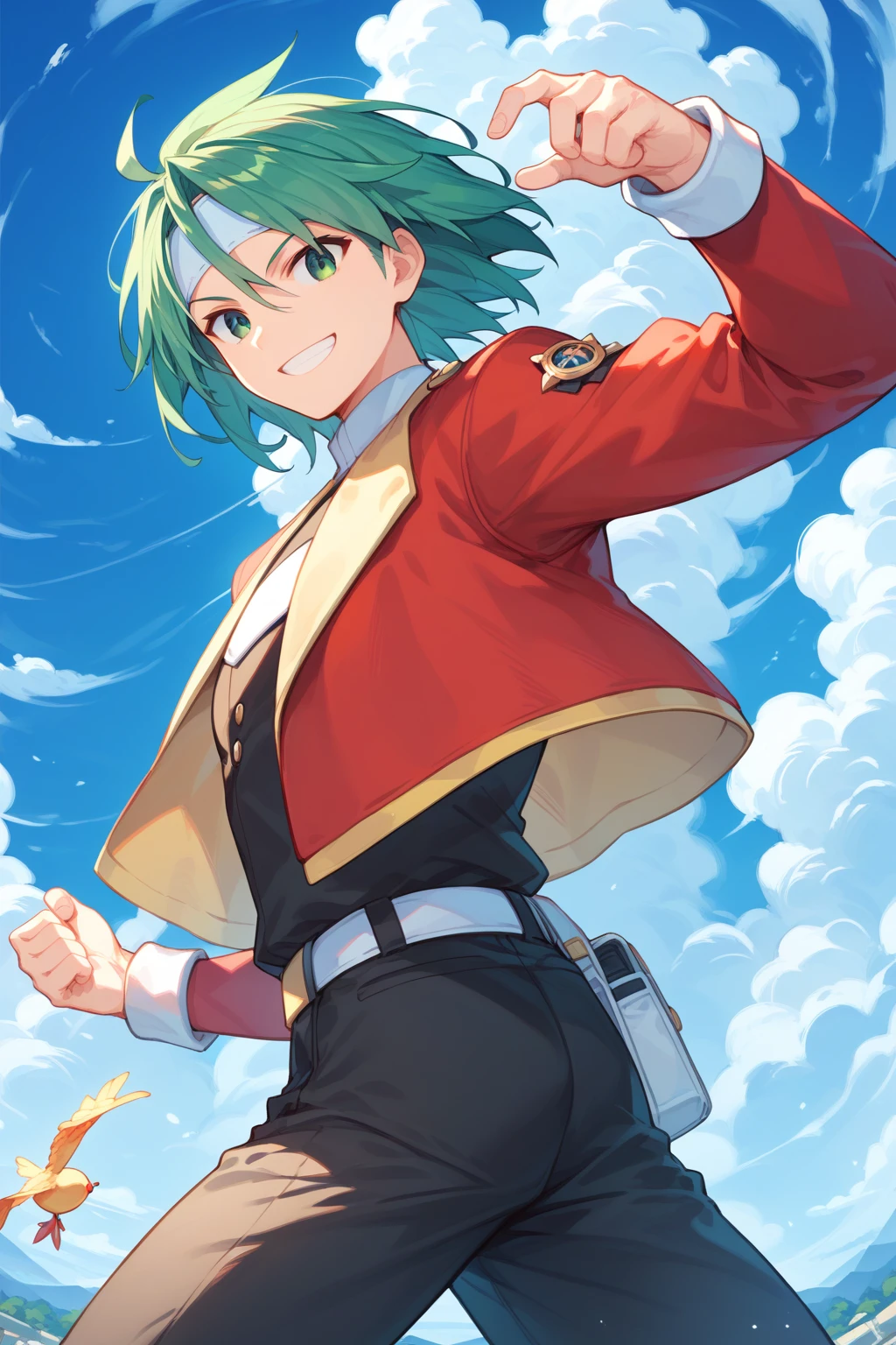 (score_9, score_8_up:1.1), score_7_up, high res image, spenserranger, 1boy, solo, green hair, laid back hair, medium hair, white headband, green eyes, red jacket, short jacket, black pants, white belt, smile, cool pose, sky background, clouds, looking at viewer