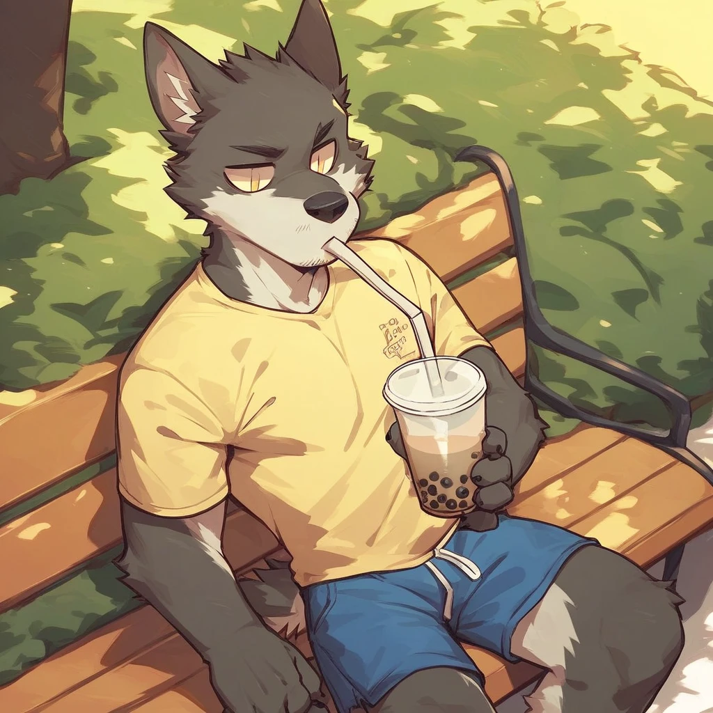 score_9_up, score_8_up, score_7_up, source_furry, furry, Flunky, 1boy, solo, park, holding, bubble tea, yellow t-shirt, blue shorts
