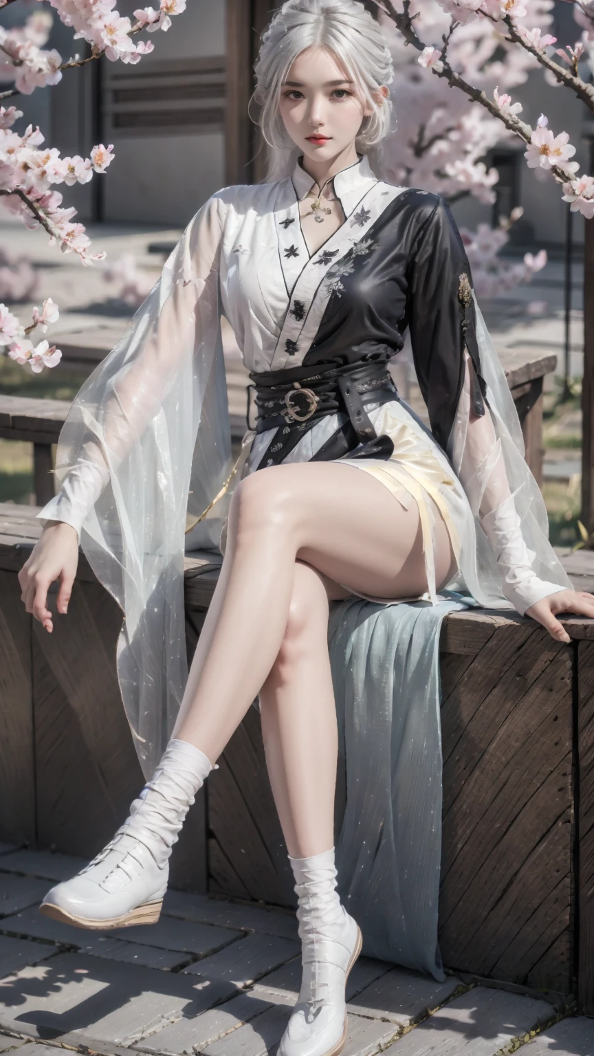 masterpiece,(bestquality),ultra-detailed,1girl,solo,Lithe Feathers outfit,bare leg,sitting,crossed legs,cherry blossoms,<lora:ntmix1:0.7>,<lora:Lithe Feathers outfit:0.7>,(white hair:1.05),