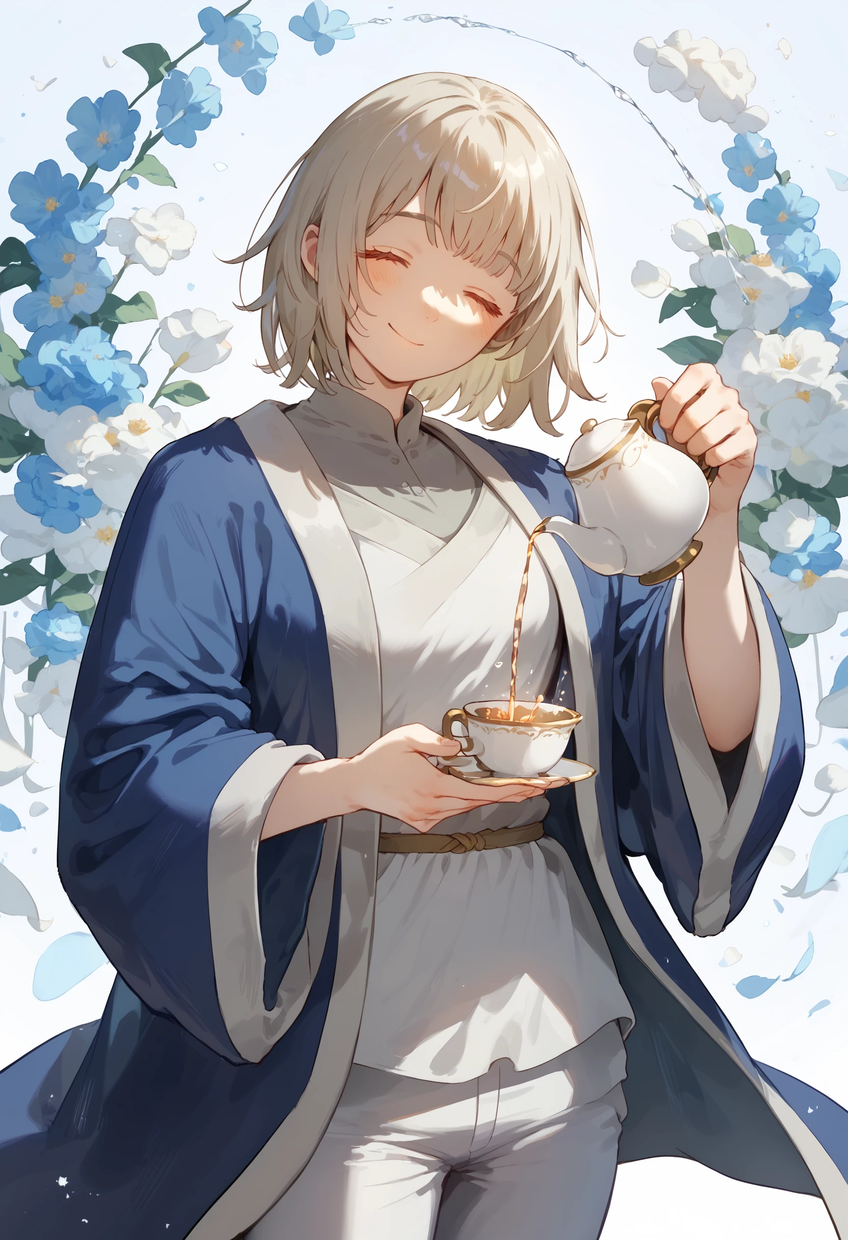 score_9, score_8_up, score_7_up, 1girl, pouring, holding cup, holding teapot, falin, blue jacket shirt robe white pants wide sleeves, looking at viewer, smile, closed eyes
<lora:holding_teapot_pouring_3_final_d32:1>
<lora:falin_marcille_pony_d16:1>