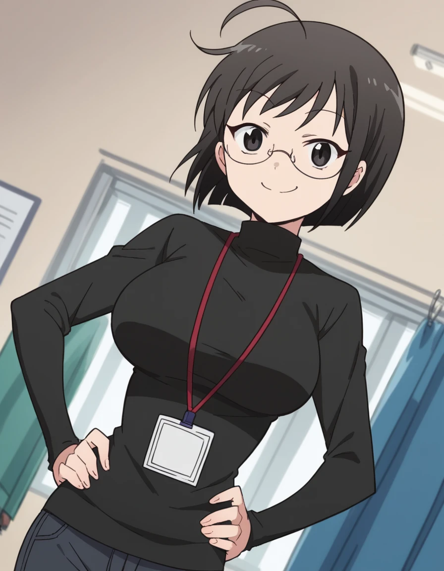 score_9, score_8_up, score_7_up, source_anime, <lora:lucy-yamagami-s1-ponyxl-lora-nochekaiser:1>, lucy yamagami, short hair, black hair, black eyes, ahoge, glasses, large breasts,, pants, sweater, turtleneck, id card, lanyard,, indoors, smug, smile, looking at viewer, solo, hands on hips,, cowboy shot, dutch angle