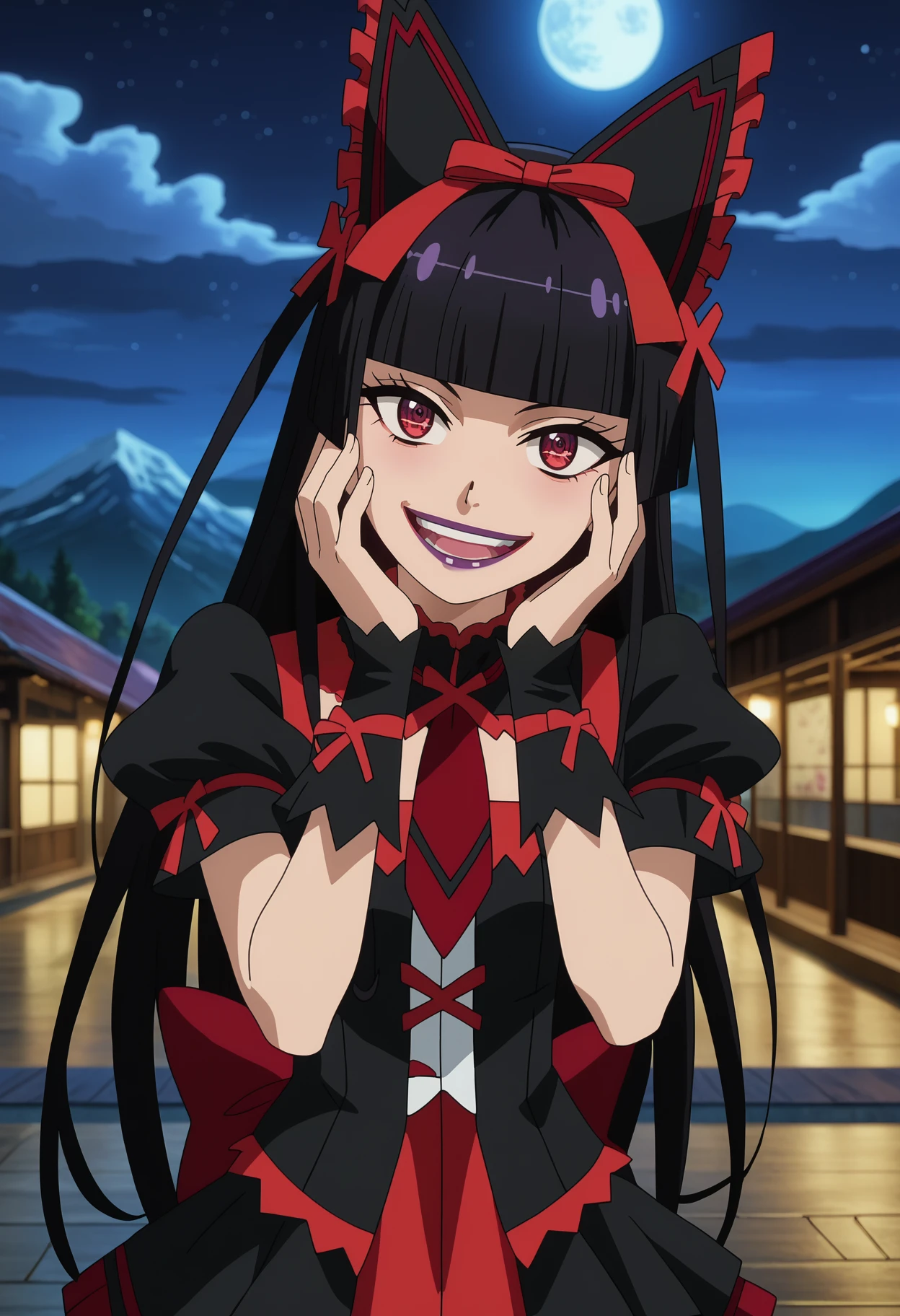 score_7_up, anime screencap, 
<lora:GATE_RoryMercuryXL:0.9>, RoryMercury,
1girl, (yandere:1.1), crazy smile, crazy eyes, open mouth,
long hair, black hair, red eyes, hime cut, blunt bangs, purple lipstick, hair bow,
multicolored dress, black dress, red dress, puffy short sleeves, red necktie, black thighhighs, arm warmers,
head tilt, hands on own face, standing, looking at viewer, 
blurry background, night, night sky, moon, mountains, scenery