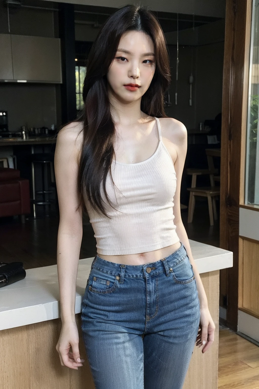 (realistic), (hyperrealism),best quality, masterpiece,ultra high res, (photorealistic:1.4),1girl,(looking at viewer:1.2),1girl, solo, realistic, looking at viewer, parted lips,  short jeans, tanktop,,  <lora:makina69_yeji_v2.0:1>, inside new york apartment, long straight hair