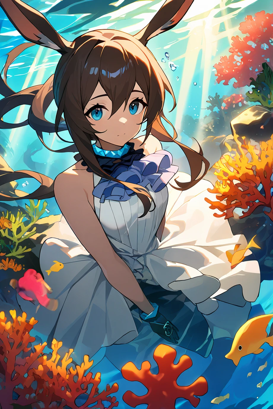 1girl,solo,amiya \(arknights\),looking at viewer,((underwater)),(beautiful detailed water),((coral)),dynamic angle,floating,(detailed light),floating hair,(splash),leaves dress,feather,nature,(sunlight),(underwater forest),(bloom),(detailed glow),drenched,seaweed,(((Tyndall effect))),, <lora:WorldFlipper-000040:0.8>, masterpiece, best quality, very aesthetic, absurdres