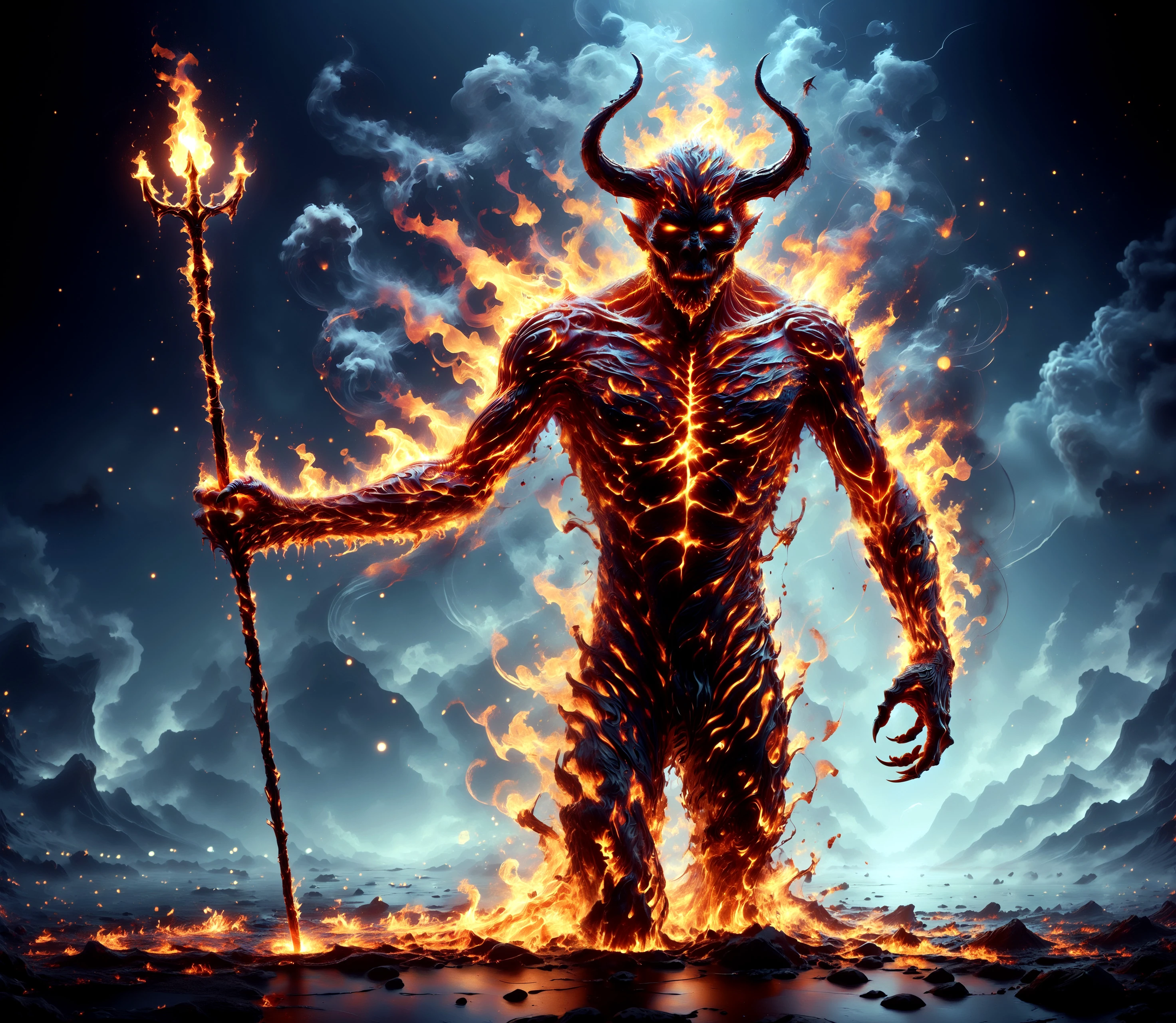 score_9, score_8_up, score_7_up,

f1r3, a devil is made entirely of fire, exhaust gases, horns, monster, demon,

night, (reflection:1.1), iced ground, lava, molten rock, sparkles, hold trident, 