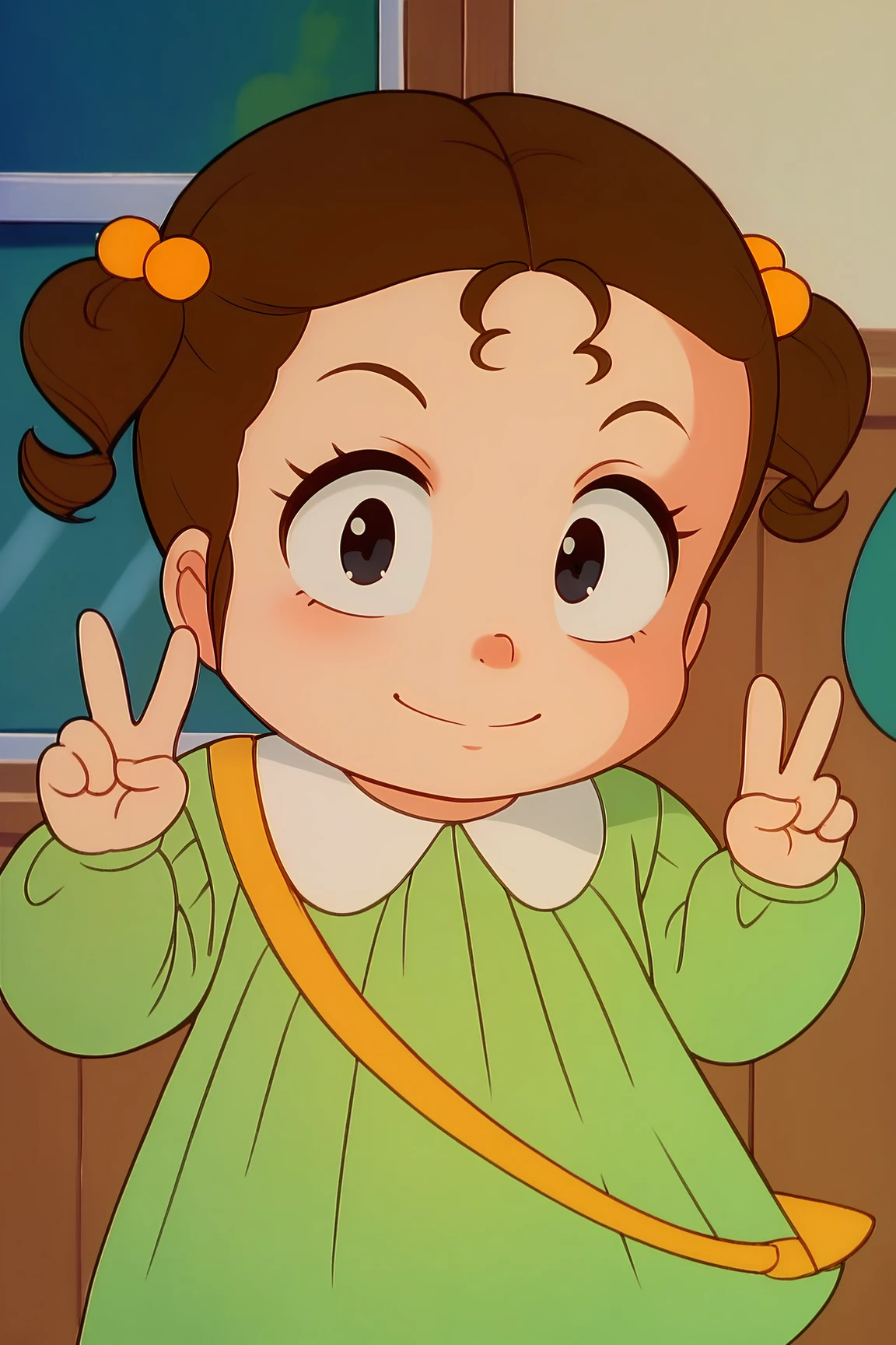 score_9, score_8_up, score_7_up, score_6_up, BREAK, MakoUYXL, chibi, child, black eyes, brown hair, short hair, short twintails, hair bobbles, kindergarten uniform, green dress, long sleeves, solo, front view, peace sign, (portrait, upper body), solo focus, seductive smile, looking at viewer, indoors <lora:MakoUYXL:1>