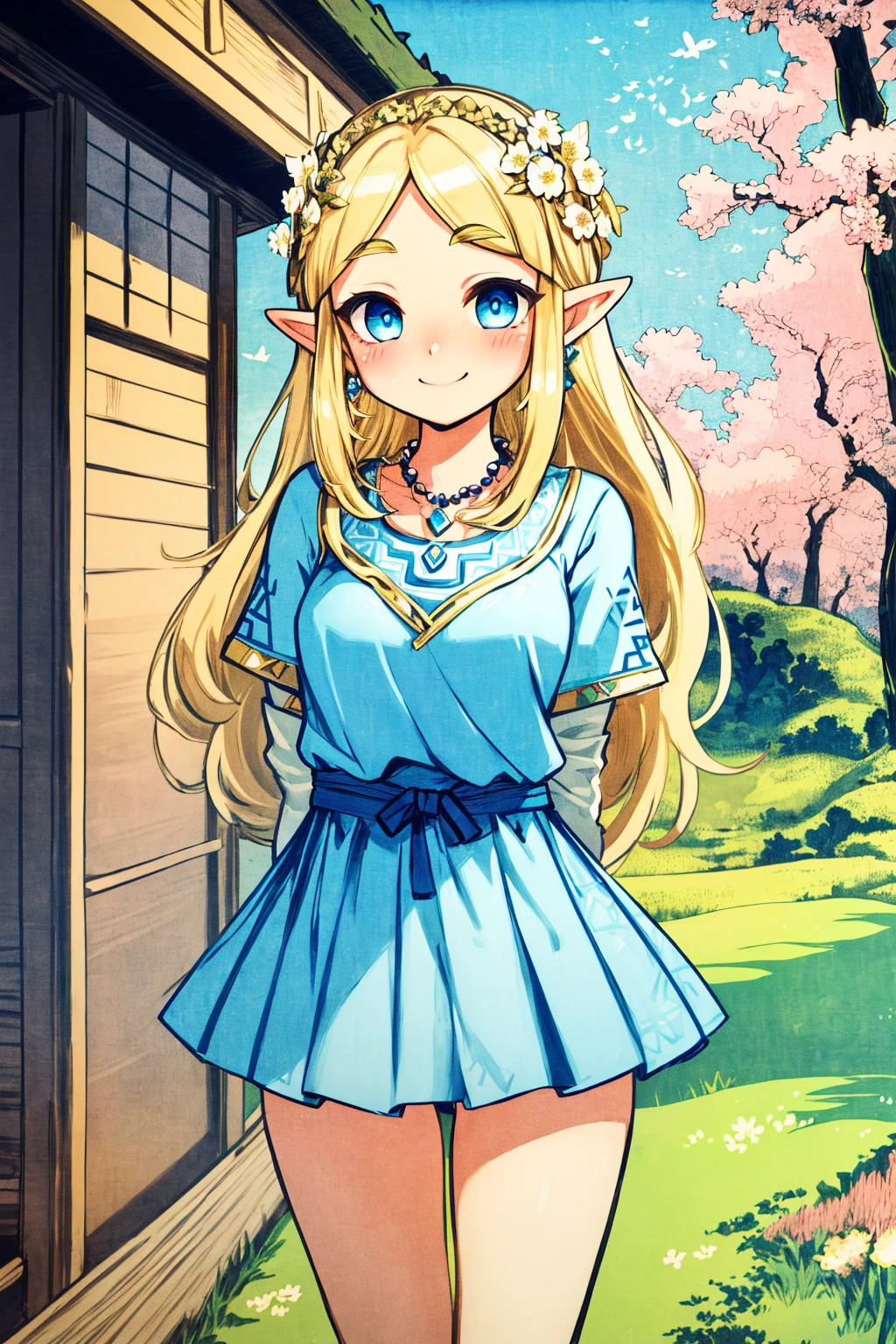 masterpiece, ultra-detailed, best quality, illustration, 8k cg wallpaper, an extremely delicate and beautiful, 1girl, Princess Zelda /(The Legend of Zelda/), solo, perfect anatomy, cute face, smiling, blushing, shining eyes, deep blue eyes, beautiful detailed eyes, blonde hair, long hair, sidelocks, cute circlet, cute earrings, cute necklace, perfect arms, perfect legs, cute, pretty, beautiful, sexy, perfect body, (background: flowery field, grass, trees, flowers, ruins, intricately detailed items in background), <lora:Fuji:1>