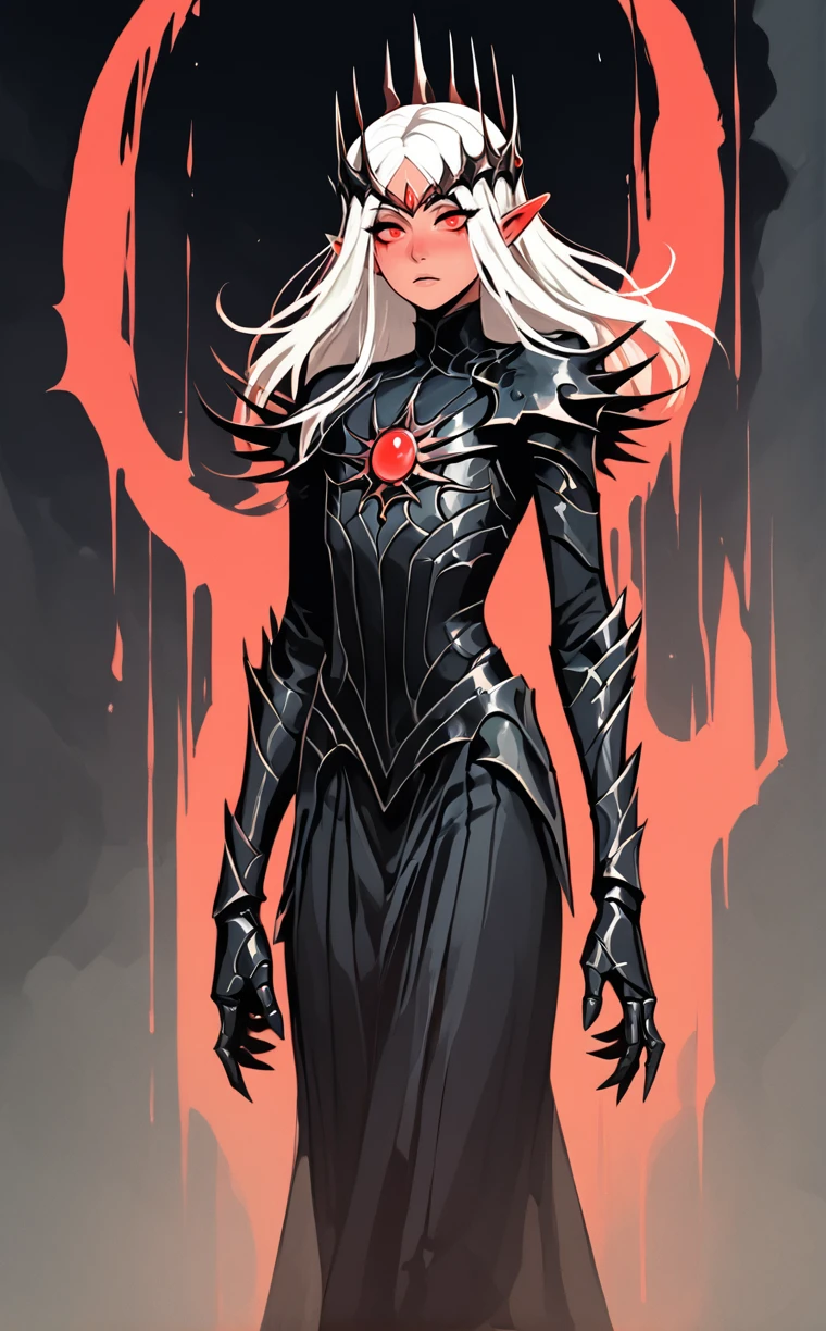 androgynous,1boy, fullbody,  feminine male, trap,
beautiful face, red eyes, white hair, elf,
<lora:Sauron:1> sauron, solo, weapon, cape, black armor, gauntlets, spikes,
 <lora:Gothic:1> red, black background, red outline,, score_9, score_8_up, score_7_up, score_6_up, score_5_up, score_4_up, BREAK, Magical girl outfit, microskirt,