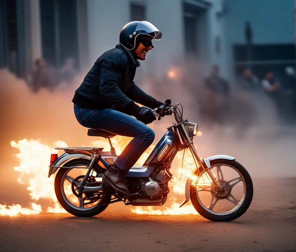 cinematic photo Tom Cruise is riding a motorcycle, motor vehicle, ground vehicle, stunts, flames, explosions, lightnings, sparkles <lora:103-1024:1> . 35mm photograph, film, bokeh, professional, 4k, highly detailed