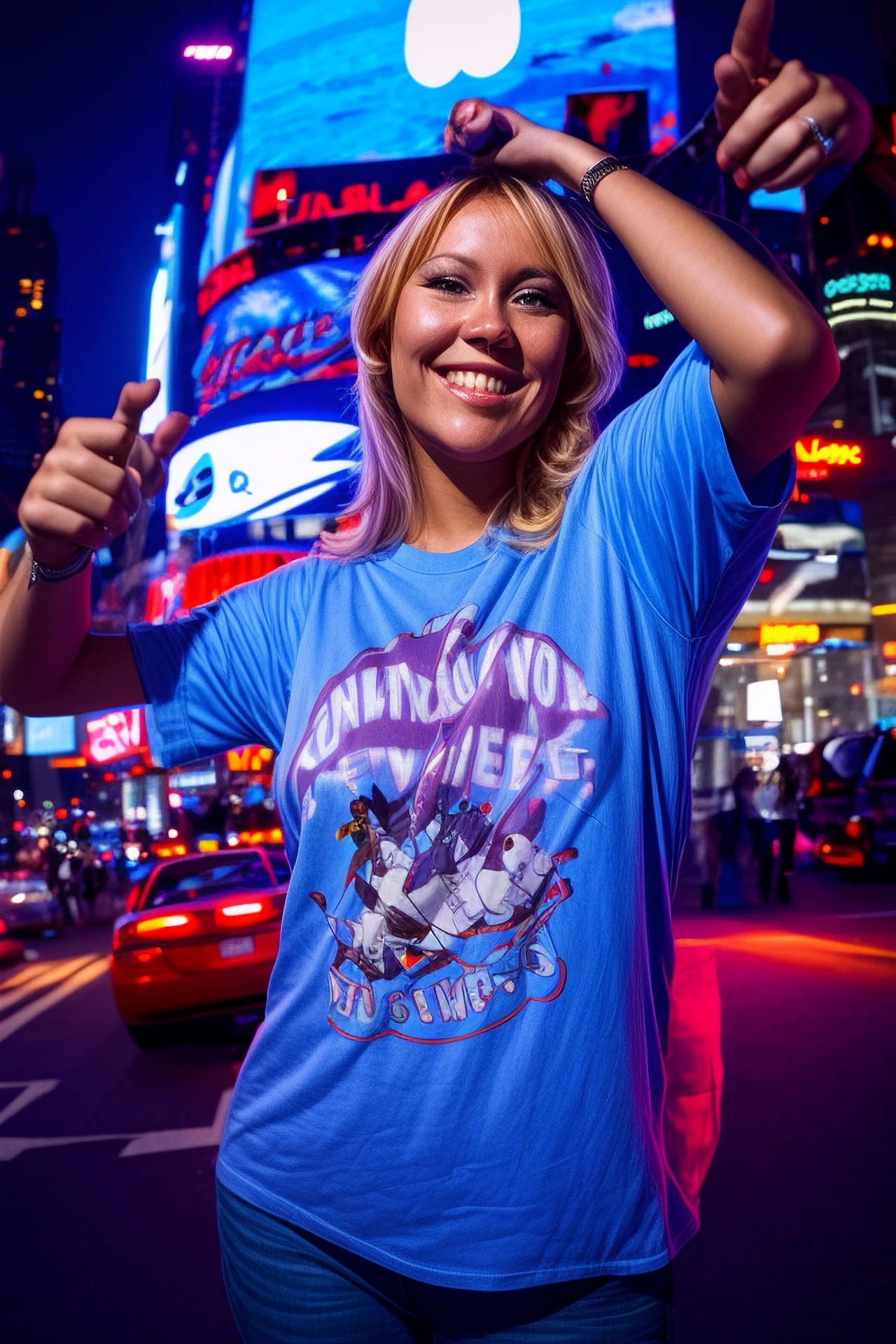 agnetha, selfie, times square, night time, flash photography, fisheye lens, playful, flirty, t-shirt, neon, vehicles, streetlight, depth of field, 80mm