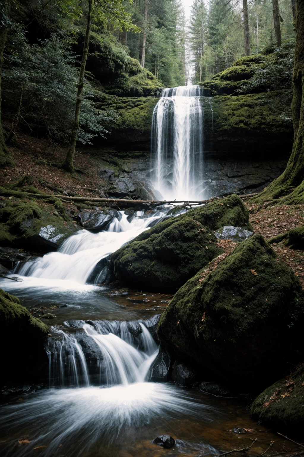 RAW photo, forest scene featuring a waterfall <lora:General-Design\add_detail:0.7>