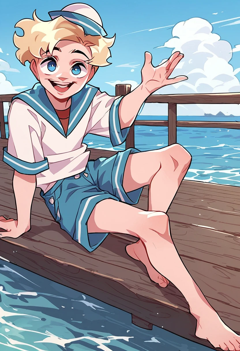 score_9, score_8_up, score_7_up, 1boy, blonde hair, blue eyes, blue sailor collar, sailor hat, shirt, short hair, solo, white shirt, blue shorts, looking at viewer, happy, pier, sea background, full body, <lora:Sailor_VladikVK_stikerÐÐ°ÑÑÐ¾Ñ_ÐÐ»Ð°Ð´Ð¸Ðº:1>