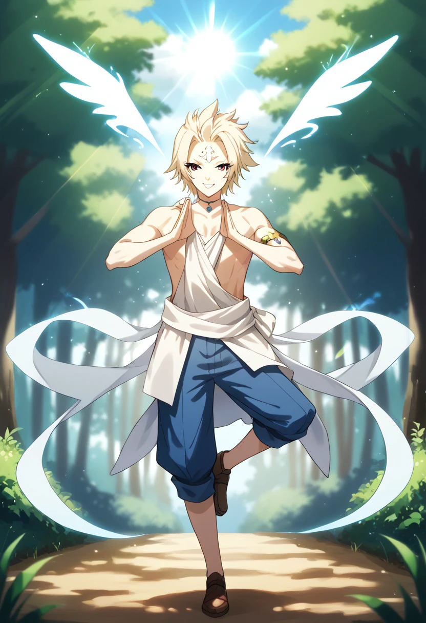 score_9, score_8_up, score_7_up, source_anime, rating_safe, rainbow, white aura, LarcadeFT, white Larcade forehead mark, blue Larcade necklace, 1boy, male focus, tree pose, standing on 1 leg, god rays, blurry outdoor forest, cute wallpaper,