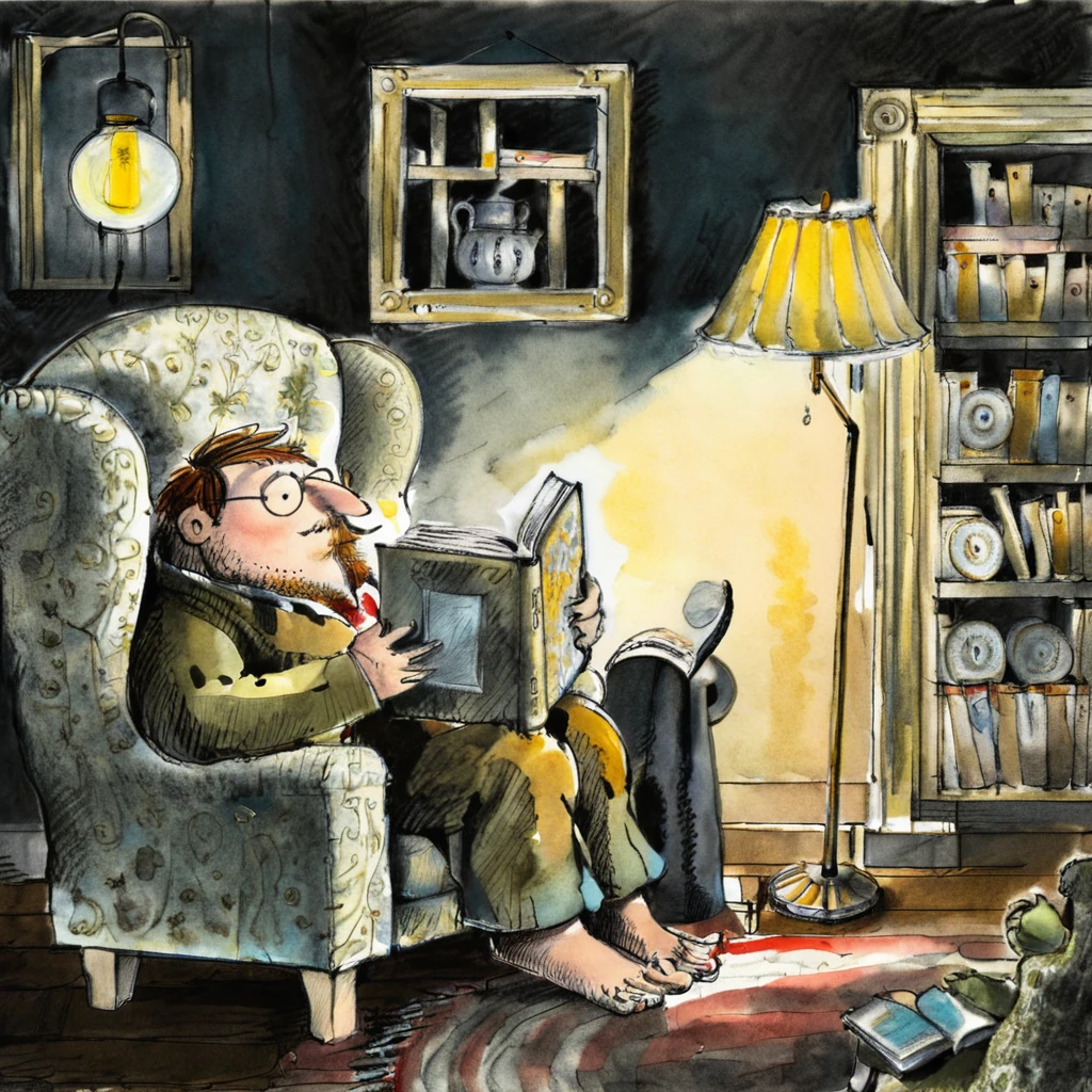 ALobelStyle illustration, man seated in an armchair reading a book, indoors, lamp, night <lora:ALobelStyle:1>