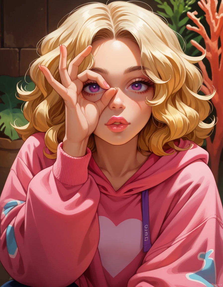 score_9, score_8_up, score_7_up, score_6_up, score_9, score_8_up, score_8, 1girl,Fleece-lined leggings, oversized hoodie, Diva, Short, Toned, Heart-Shaped Face, Fair Skin, Blonde Hair, purple Eyes, Wide Nose, Thick Lips, Receding Chin, Shoulder-Length Hair, Thick Hair, Wavy Bob, perky breasts, , coral metallic lipstick, study, separation light, hud_illum1nat1, ok sign over face, <lora:hud_illum1nat1_XLP:1>