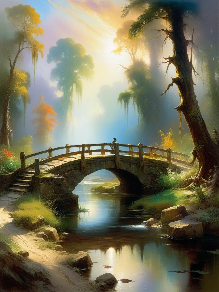 <lora:10NaturalismPainting_Hap_XL:1.5>, Thomas Moran style,oil painting,nature,landscape, computer simulation of a game involving a swamp and a river with a cartoon character standing on a bridge,ï¼