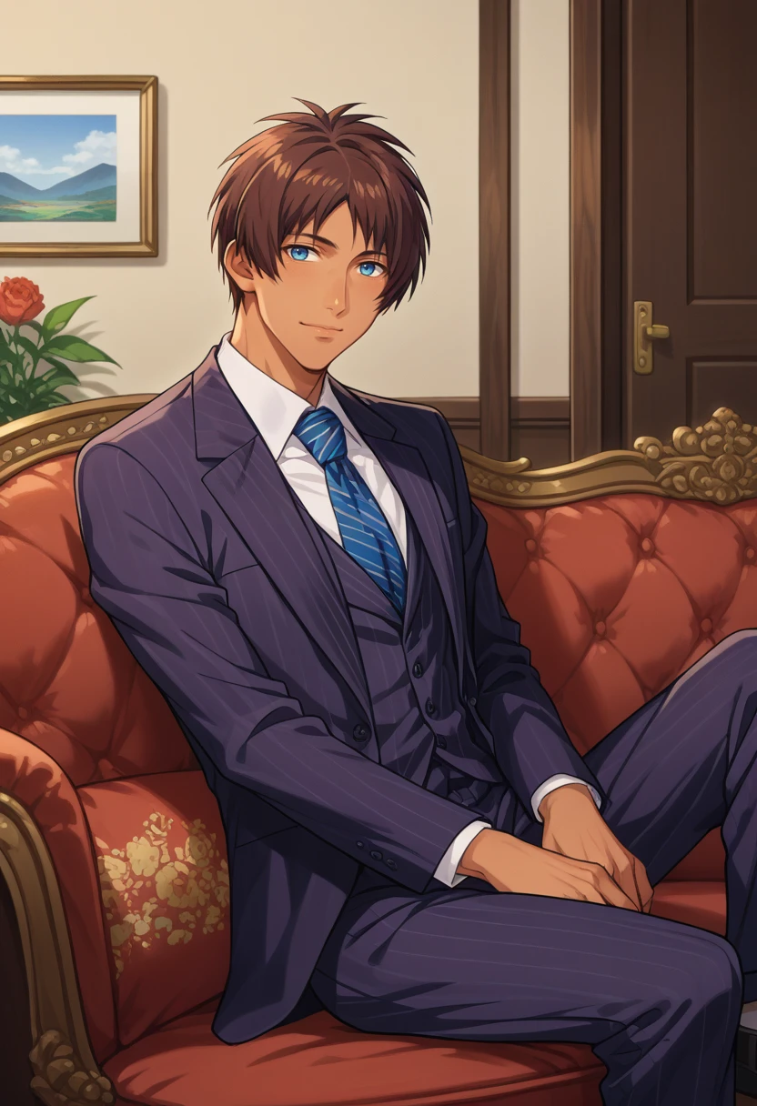 score_9, score_8_up, source_anime, 1boy, solo, AijimaCecil, dark skin, brown hair, blue eyes, short hair, formal, suit, indoors, sitting, on couch, smile, <lora:ChamAijimaCecilPonyXL:1>