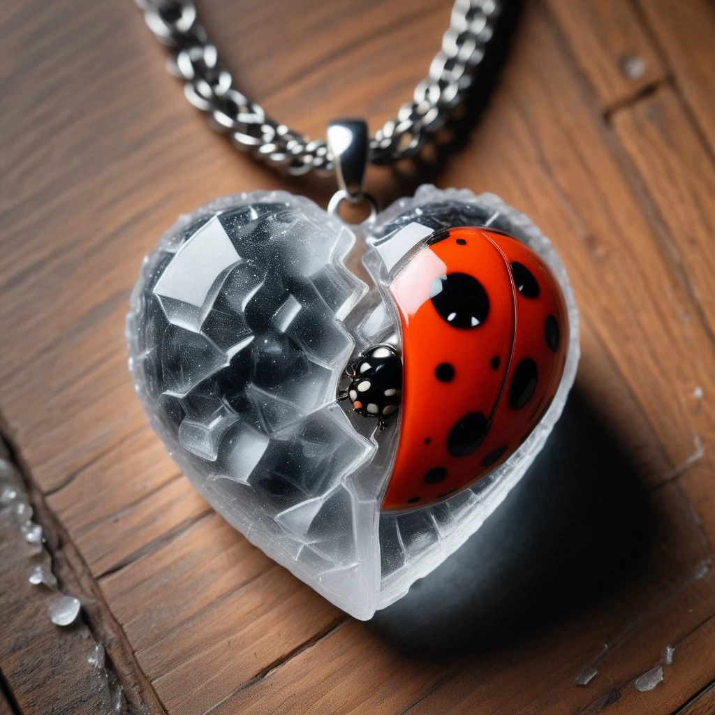 <lora:SplitHeartSDXL:1>SplitHeart, Gneiss heart, (Ice sculpture:1.5)|(LadyBug:1.5), Carbon fiber chain, wooden background