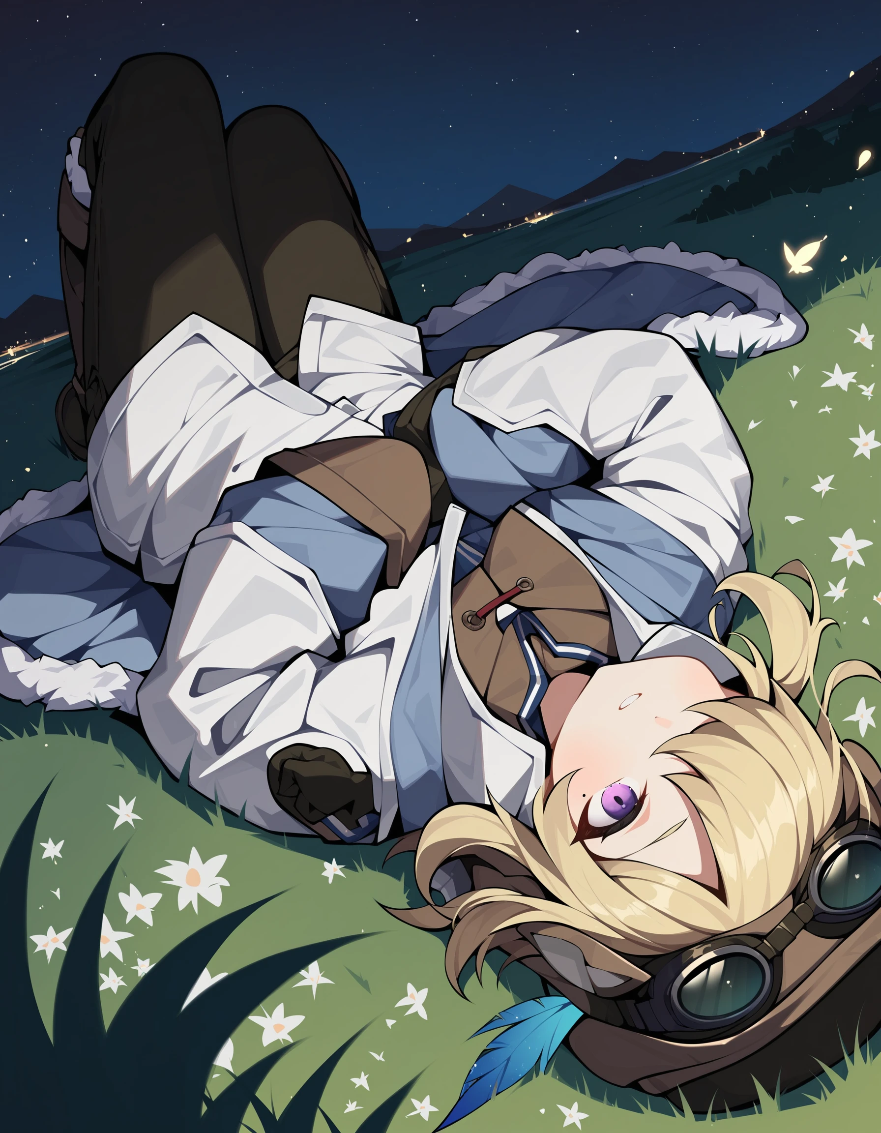 score_9,score_8_up,score_7_up, lying on grass,looking up, night sky, (galaxy), (light smile:0.7), landscape,
<lora:shanduola_pony:0.75>,shanduola,1girl,solo,blonde hair,hair over one eye,purple eyes,hat,jacket,white jacket,bangs,brown headwear,goggles,brown gloves,fur trim,long sleeves,feathers,mole under eye,