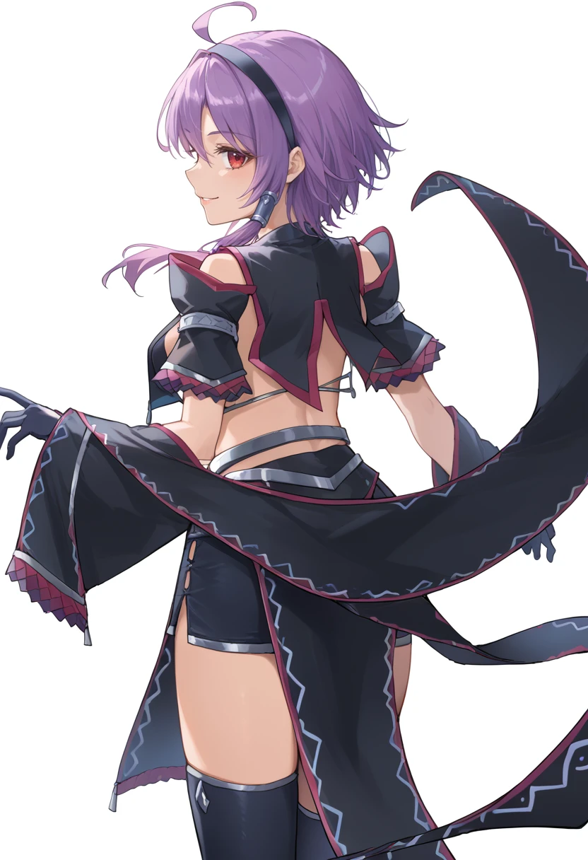 (score_9:0.9),score_8_up,score_7_up,rating_safe,anime style,(zPDXL),<lora:Equis armor ponyXL v1.1:0.76>,  equis armor, 1girl, solo, purple hair, red eyes, looking back, short hair, ahoge, from behind, white background, simple background, smile, black thighhighs, black pelvic curtain, black hairband, black hair tubes, black detached sleeves, black breast curtains, black gloves