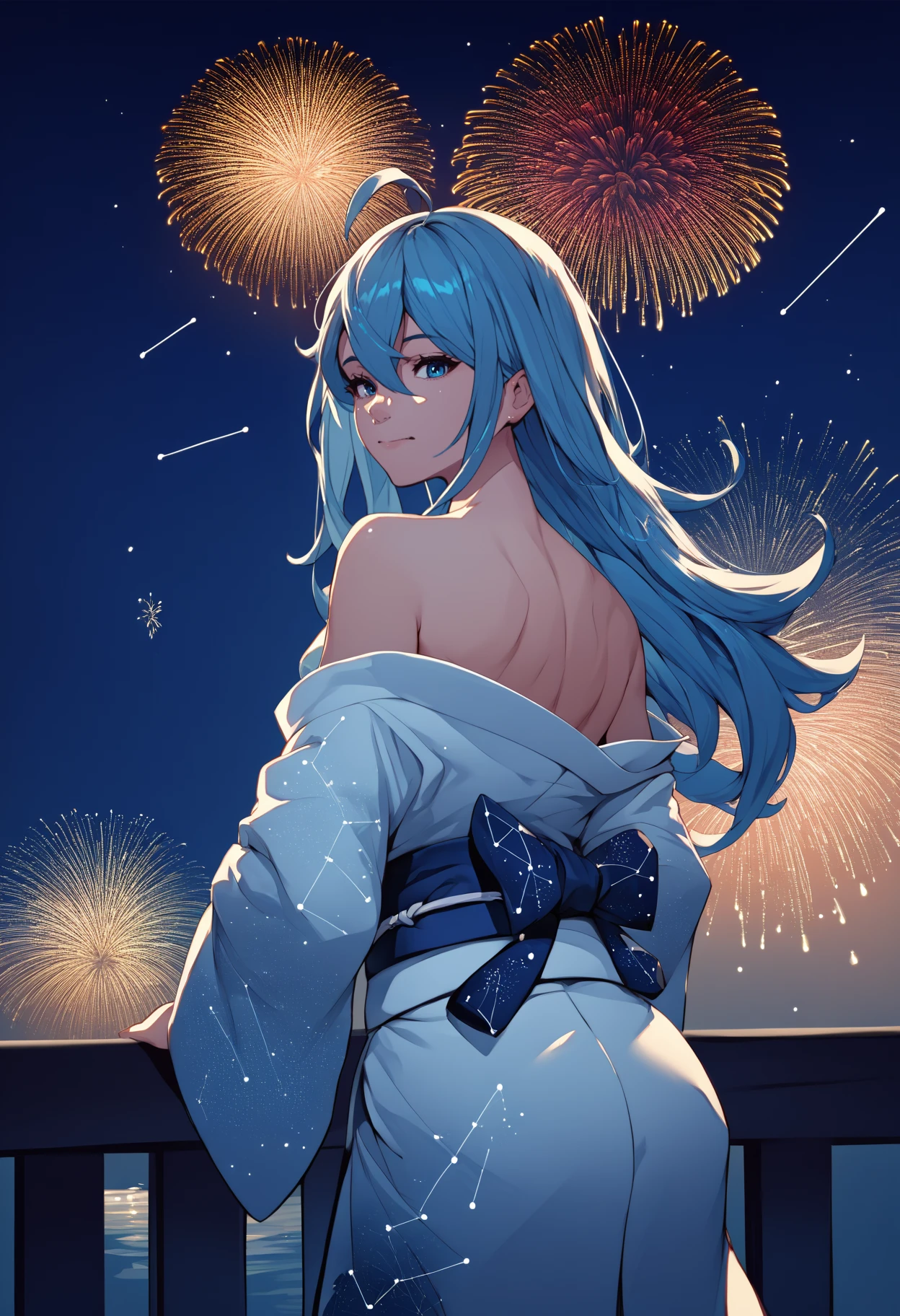 score_9, score_8_up, score_7_up, source_anime, from behind, solo, 1girl, v1vy, smile, closed mouth, looking back, long hair, ahoge, japanese clothes, white kimono, constellation print, off shoulder, blue sash, bare shoulders, fireworks <segment:yolo-face_yolov8m.pt,0.4,0.5>