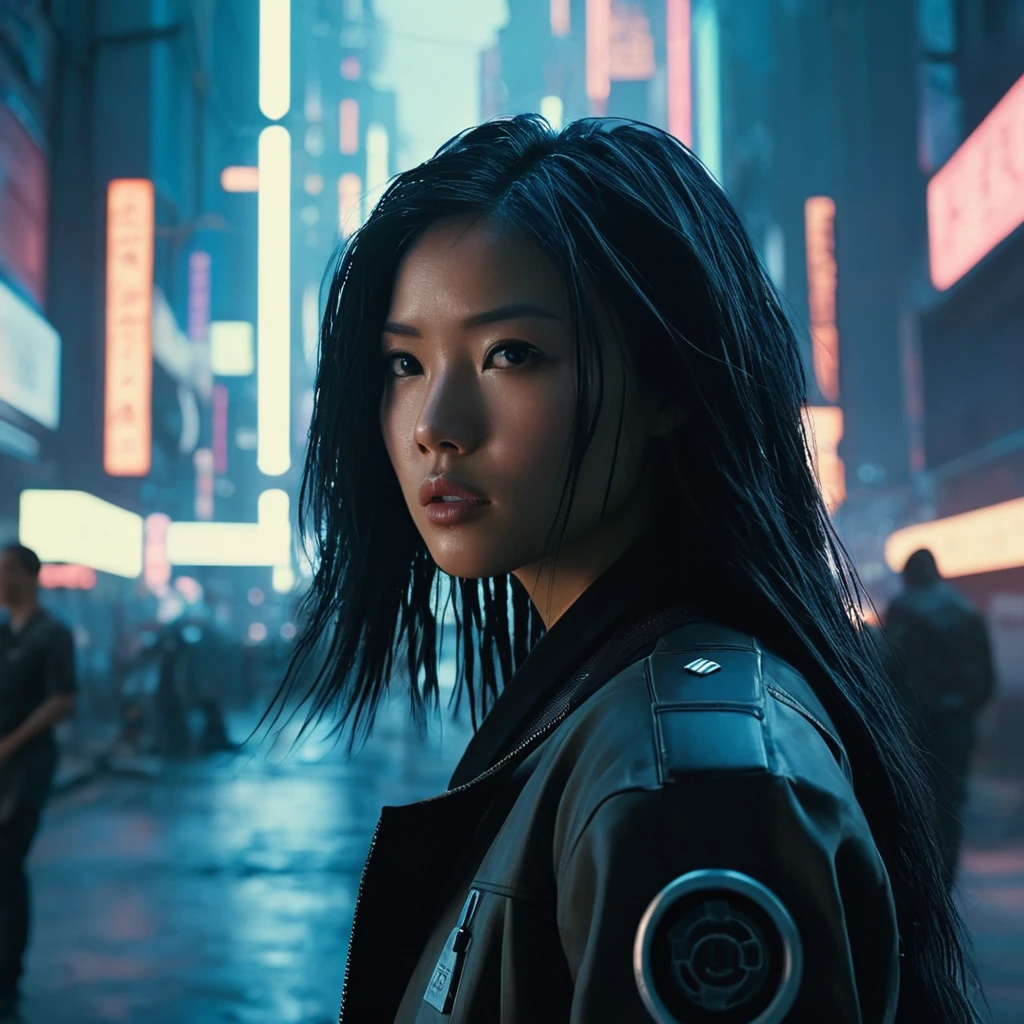 cinematic film still of <lora:cyberpunk style v3:1>
In Cyberpunk city an asian woman with long hair blowing her hair,bionic,transhuman,Dystopia,Dystopian,kakotopia,Science fiction,high tech,low life,societal collapse,Artificial,Posthuman,future,futuristic,Artificial intelligence,Cyborg,genetically-enhanced humans,sci-fi,Cyberpunk Style,solo,looking at viewer,black hair,1boy,male focus,black eyes,facial hair,portrait,cigarette,realistic,Cyberpunk Style , science fiction, futuristic setting, detailed background, dramatic light, dramatic shadow light, contrast, cinematic color, cinematic look, filmic, realistic, realism, perfection, perfect, different, cinematic, film, cinematography, artstation, Cyberpunk city style, Cyberpunk style, shallow depth of field, vignette, highly detailed, high budget, bokeh, cinemascope, moody, epic, gorgeous, film grain, grainy