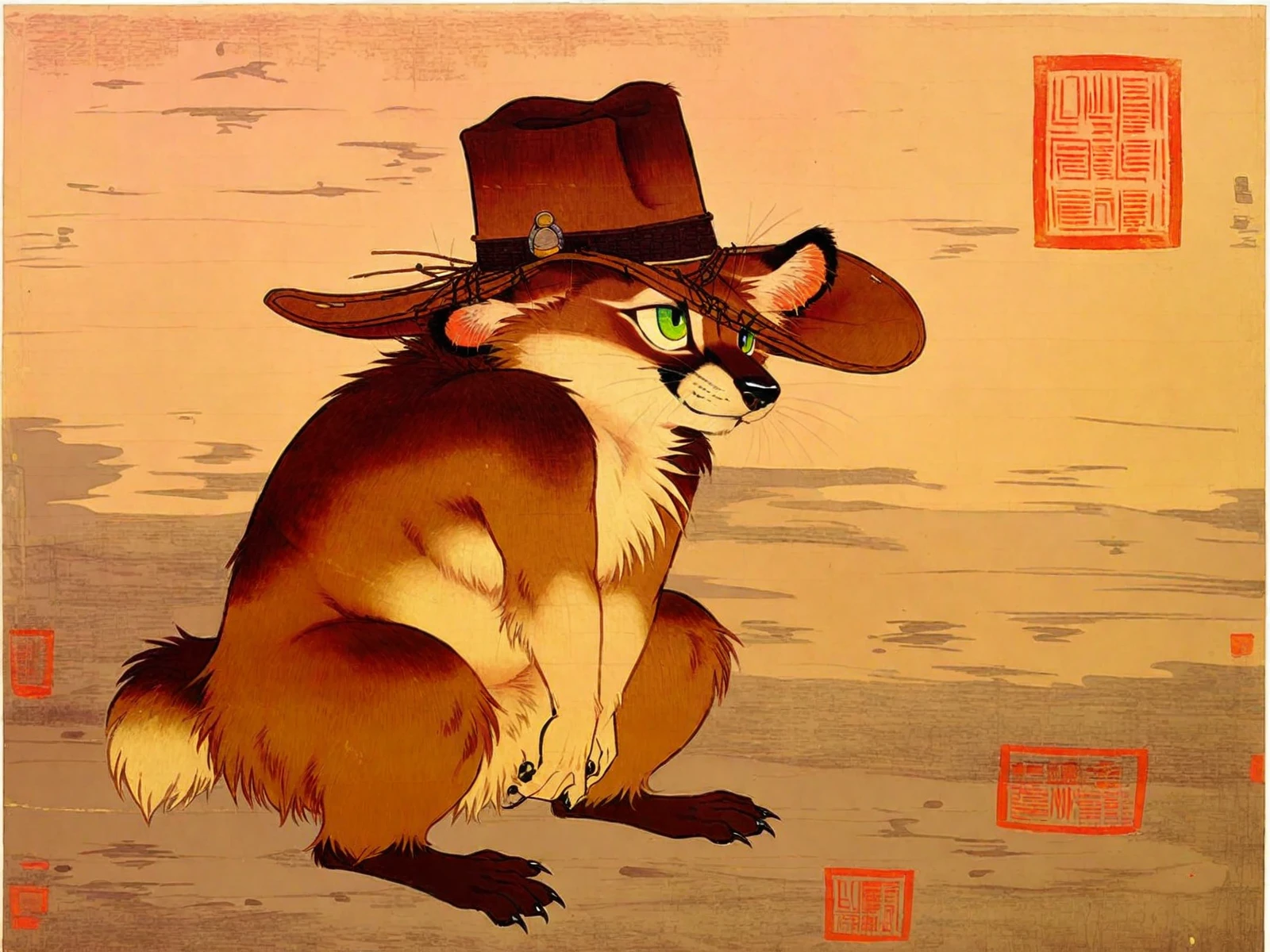 <lora:tang2song_pony_v1:0.9> created in the tang to song dynasty,  traditional media, 	 furry  green eyes, cowboy hat animal painting \(genre\) gongbi \(style\), score_9, score_8_up, rating_safe,general, source_furry