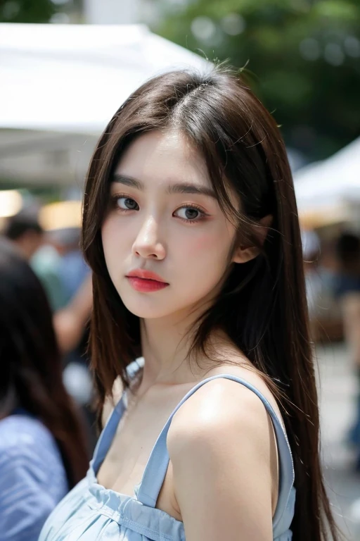 masterpiece, best quality, ultra-detailed, ultra high res, (photorealistic:1.4), raw photo, (realistic:0.2), 8k HDR, realistic lighting, looking at viewer, 1girl, solo, asymmetrical hair, outdoor, sky, (traditional market:1.2), bokeh, (detailed lips), (detailed pores), (detailed skin textures), (detailed face:1.2), (body:1.2), a woman in a sundress, promotional image,