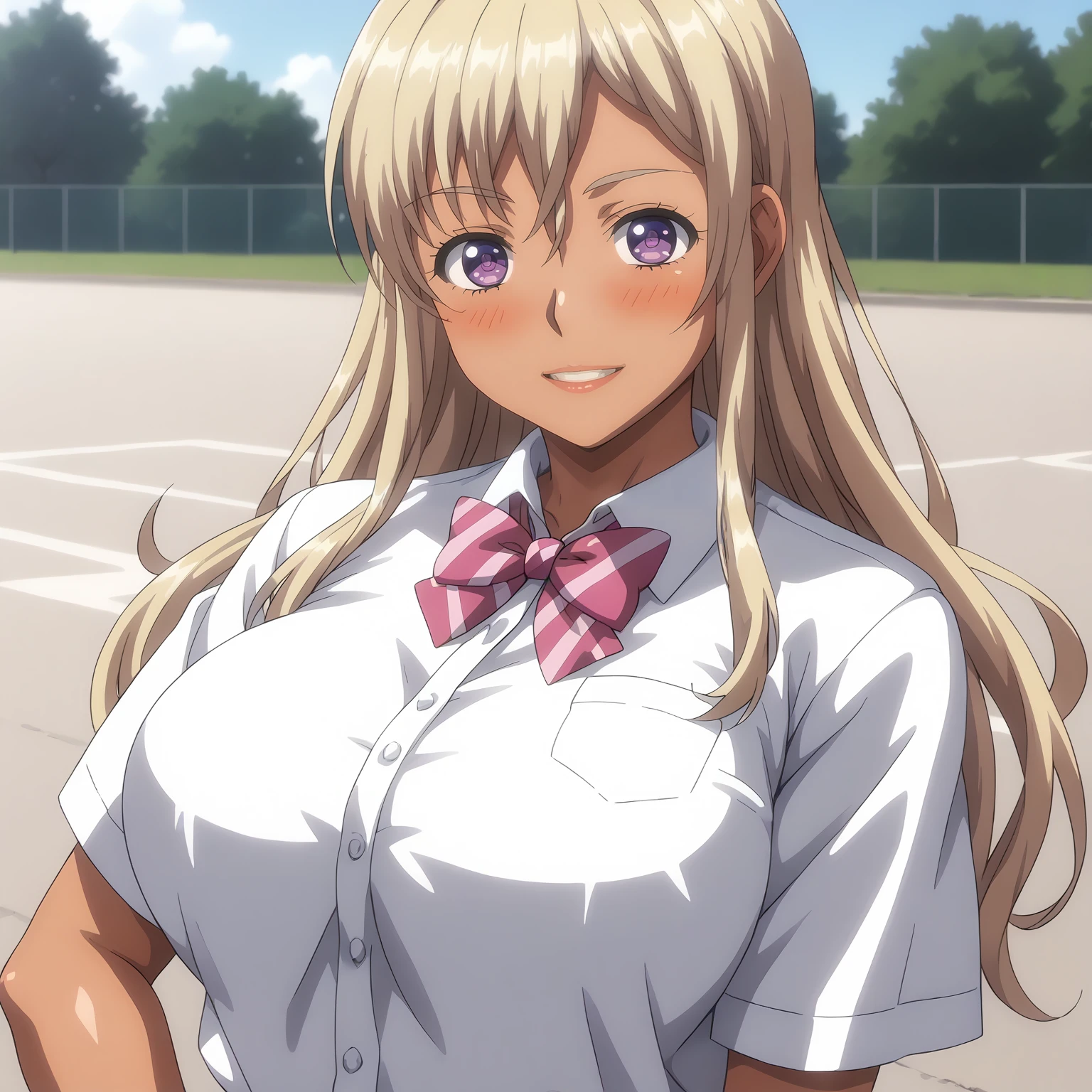 <lora:BDCC_ChieriShiinaXLpony001>,
smile,parted lips,blush,
solo,
ChieriShiina,1girl,blonde hair,long hair,purple eyes,dark skin,
large breasts,
school_uniform,collared_shirt,bowtie,short_sleeves,
outdoors,