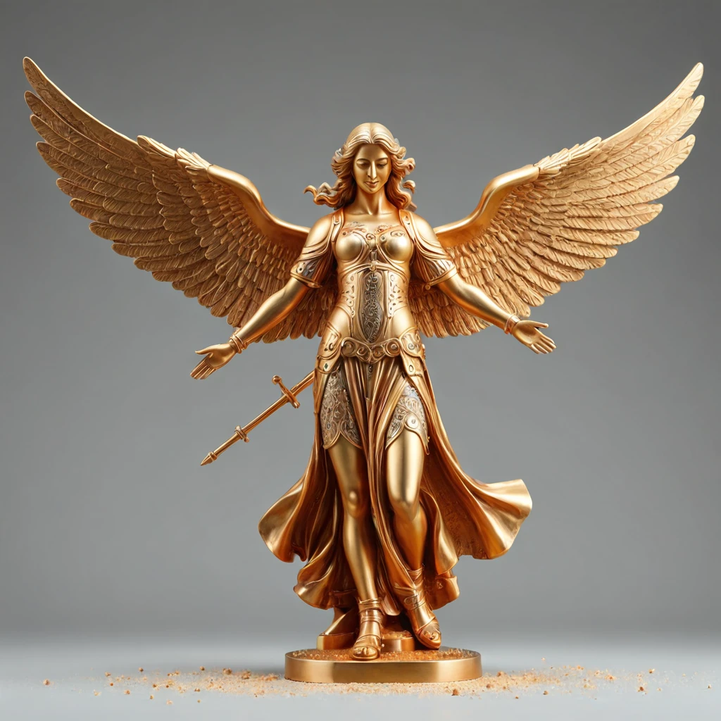 a statue of a guardian angel with open wings made entirely of cooper dust