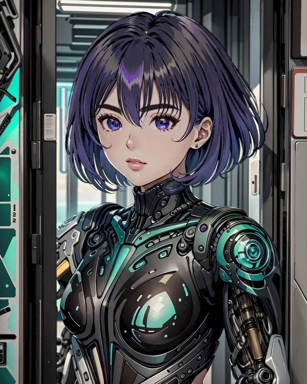 best quality,masterpiece,highly detailed,ultra-detailed, 
 <lora:neg9V2_last:0.7> retro-anime-90, 1990s \(style\)
1girl,  <lora:retro-anime-90_V02:0.85>, 1girl, A cyborg wearing a biomechanical exoskeleton with an iridescent sheen, featuring organic-inspired patterns. The synthetic skin seamlessly integrates with the biomechanical components, creating a visually unique appearance. The clothing is composed of adaptive, bioluminescent fabrics, contributing to a futuristic and ethereal ensemble. The hair is styled with bioluminescent strands, adding to the overall otherworldly and cybernetic aesthetic.  mechanical arms,  mecha musume, impossible clothes,  mechanical parts, gameplay mechanics,    Petite breasts ,,  narrow waist, Half-Shaved Head with Neon Streaks - Pink and Purple    , fantastic details full face, dot nose,detailed Exaggerated eyes, emerald iris, curved eyebrows, dark green beautiful Detailed Eyes,    lips at  in Cyberpunk 2077 ,The NCPD precinct, a police station where officers work to maintain order in the city. It's a busy and chaotic environment, with criminals and victims alike passing through its doors.  , extremely detailed eyes, fantastic details full face