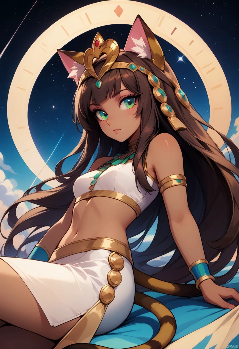 score_9, score_8_up, score_8, medium breasts, (curvy), cute, eyelashes,  rating_safe,
BREAK, 
zzBastet, brown hair, green eyes, tiara, medium breasts,   white skirt, white crop top, ankle lace-up, cat ears, dark skin, jewelry, midriff, very long hair, cat tail,
BREAK, 
dynamic angle, stars, Egyptian, pyramids, floating, colorful, pink, blue eyes, black bow, from side, on back, spaceship, technological,
zPDXL,