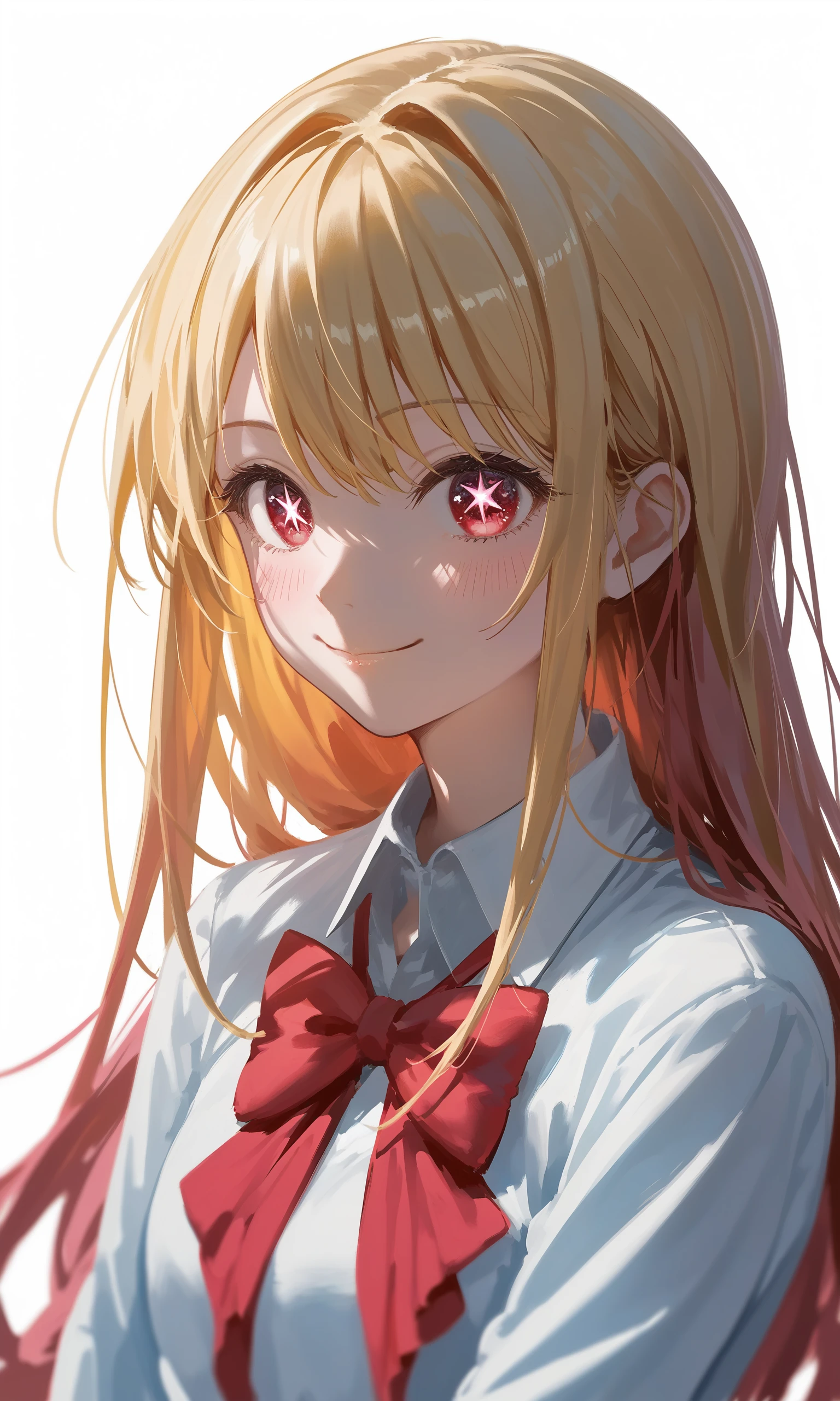 score_9,score_8_up,score_7_up,source_anime,
1girl,solo,upper_body,blush,smile,blonde_hair,long_hair,closed_mouth,commentary,hoshino_ruby,long_sleeves,red_bowtie,red_eyes,simple_background,star-shaped_pupils,white_background,,<lora:oshi_no_ko:0.8>