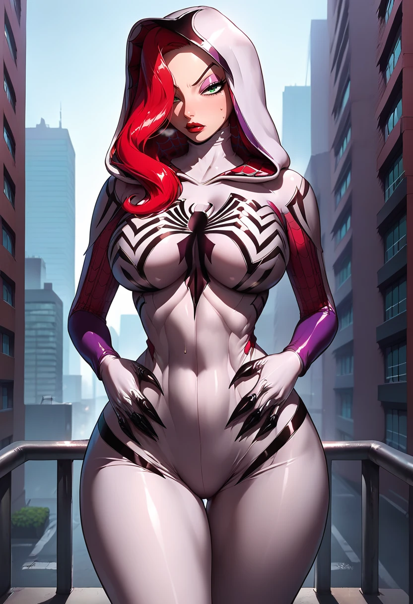 score_9, score_8_up, score_7_up,score_6_up, source_anime, g4n1m3, city, rooftop, <lora:g4n1m3XLP:1>
BREAK 
1girl,gwenom, hooded bodysuit, hood up, superhero, spider web print, hood, jessica rabbit,red hair, green eyes,standing, hands on own stomach, large breasts, in heat, closed mouth, claws, toned,thick thighs,(hourglass figure:1.3),looking at viewer, symbiote, wide hips,    <lora:gwenom-08:0.8>