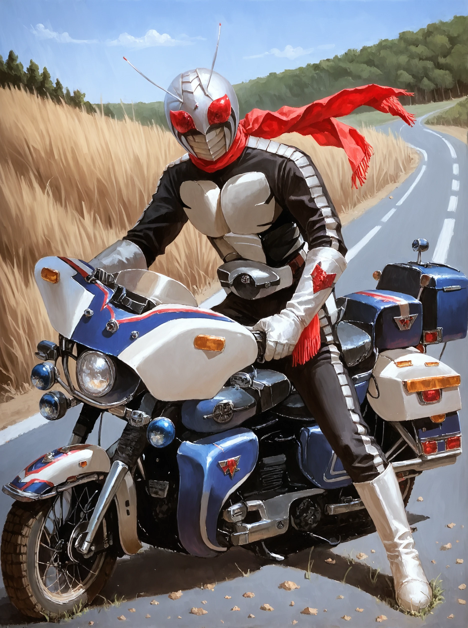 score_9, score_8_up, score_7_up, masterpiece, source_realistic, kamen rider, 1boy, antennae, male focus, solo, belt, scarf, outdoor, motorbike, road<lora:sn0wStyle:1> <lora:HKHorrorXL:1>,  <lora:Kamen_rider_super-1_1980:1>