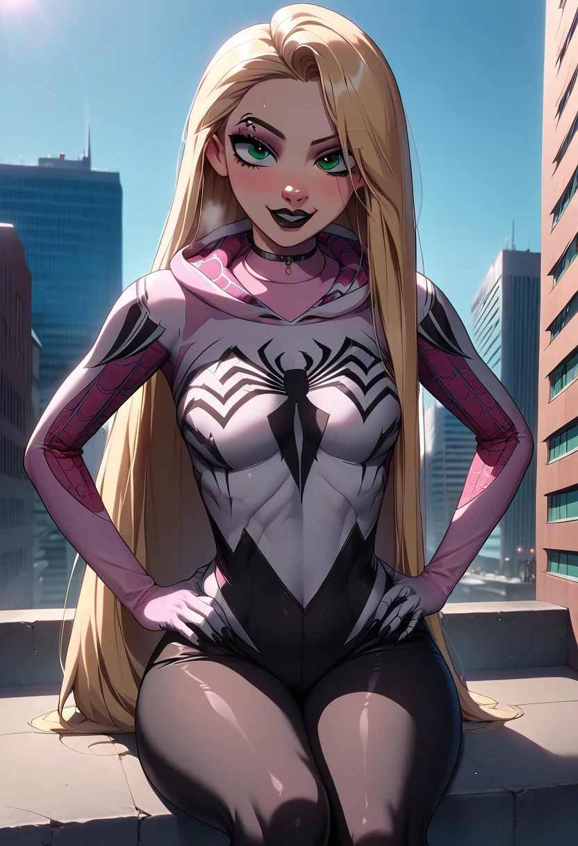 score_9, score_8_up, score_7_up,score_6_up, source_anime, g4n1m3, city, rooftop, cinematic light, <lora:g4n1m3XLP:1>
BREAK 
1girl,gwenom, hooded bodysuit, hood up, superhero, spider web print, hood,rapunzel \(disney\), blonde hair, goth girl, black lipstick,sitting, breasts, in heat, claws, toned,thick thighs,looking at viewer, symbiote,hands on own hips,   <lora:gwenom-08:0.75>