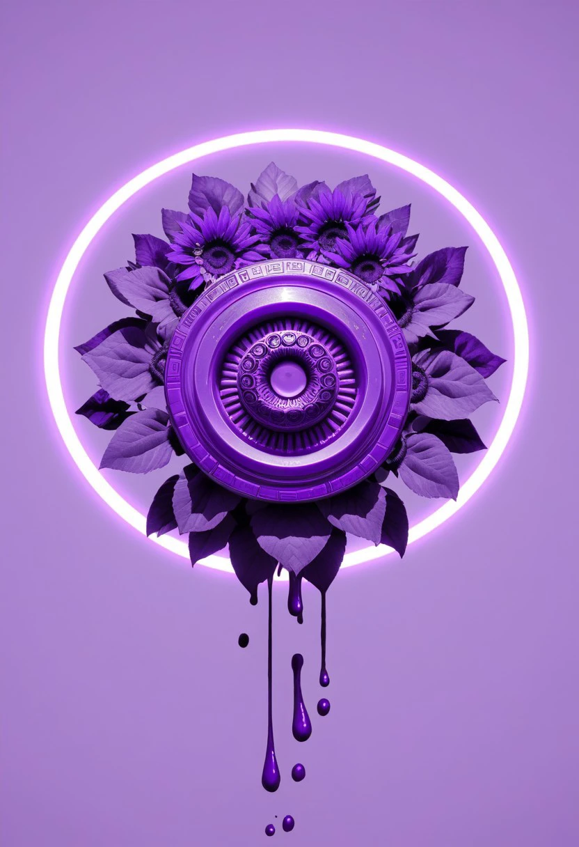 end_synth_tn100, flower, no humans, sunflower, purple theme, halo, purple background, simple background, dripping, petals, purple flower, synthwave, vaporwave, gradient overlay, neon aesthetic, retrowave, punkwave, cyberpunk