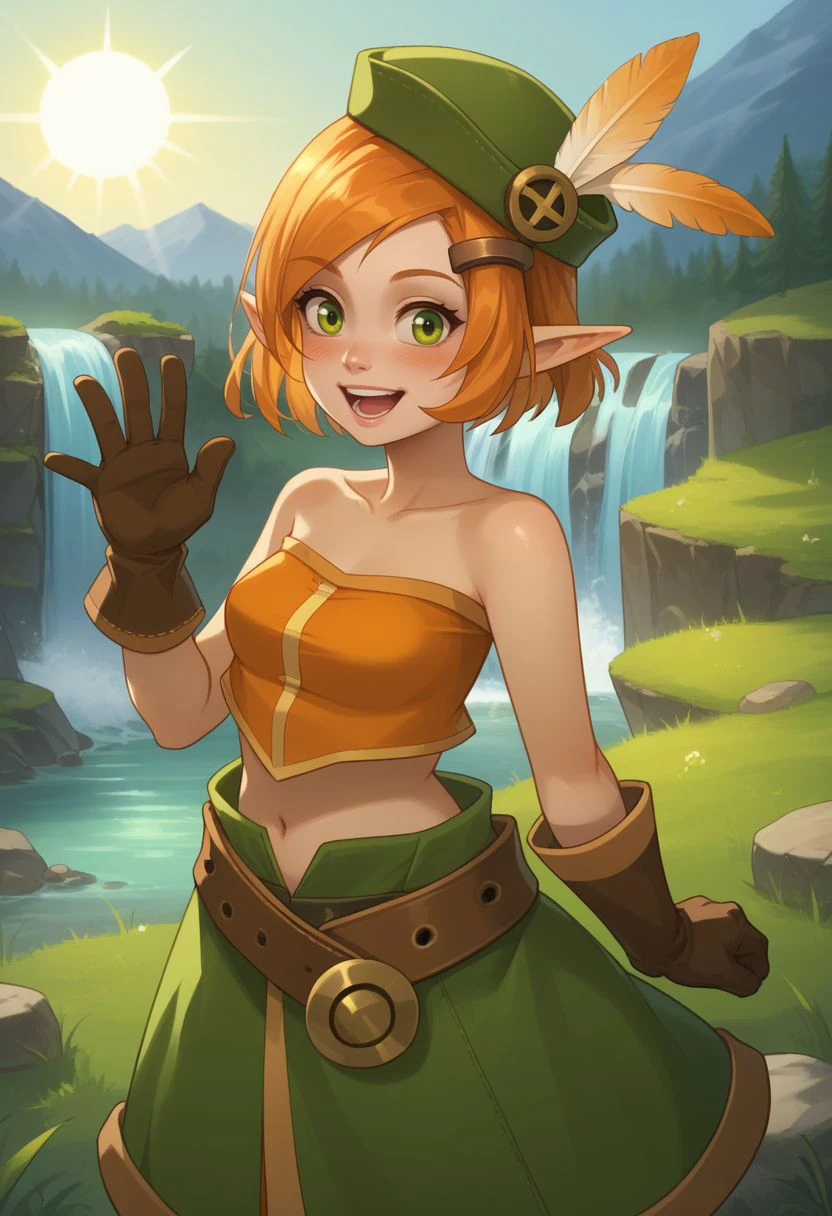 score_9, score_8_up, score_7_up, source_anime, 1girl, cradef, small breasts, green eyes, orange hair, short hair, pointy ears, hairclip, hair ornament, green hat, hat feather, bare shoulders, orange crop top, midriff, navel, brown gloves, belt, green skirt, boots, brown footwear, tall female, standing, open mouth, smile, waving, blush, looking at viewer, outdoors, grass, nature, rocks, waterfall, mountain in the background, sun, facing viewer, upper body, <lora:Cra_v1-000010:1>