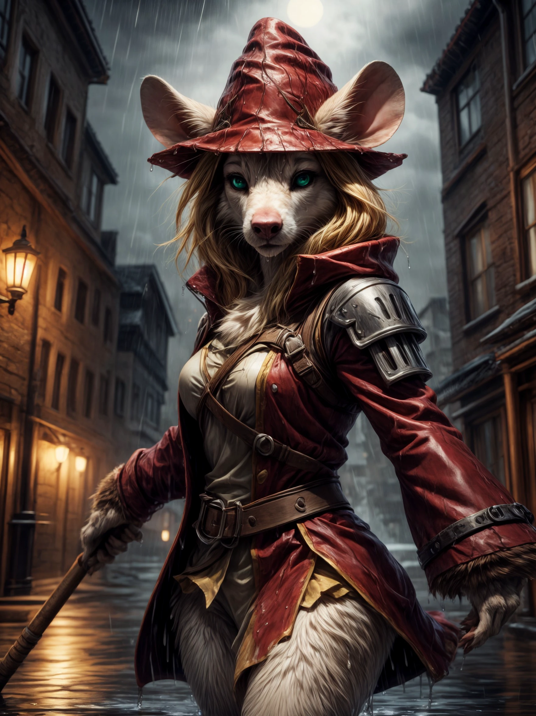 ((best quality)), ((masterpiece)), (detailed), (realistic), (8k), (4k),
(1girl, solo:1.3,)
(furry, wet fur:1.3),
fighting stance, dynamic pose, 
polearm / staff / spear, shoulder guards, ribbon, tail ornament/accessory, red coat, winged hat, red hat, snout, white/blonde hair, green/blue eyes, white body/fur, mouse girl, freyacrescent, 
at night, (heavy rain:1.3), on a tiled roof, overcast sky, , <lora:Furtastic_Detailer:2.0>, <lora:e9797eda-0621-4956-96b3-462c8b513cb0:0.7>, <lora:GoodHands-beta2:1.0>