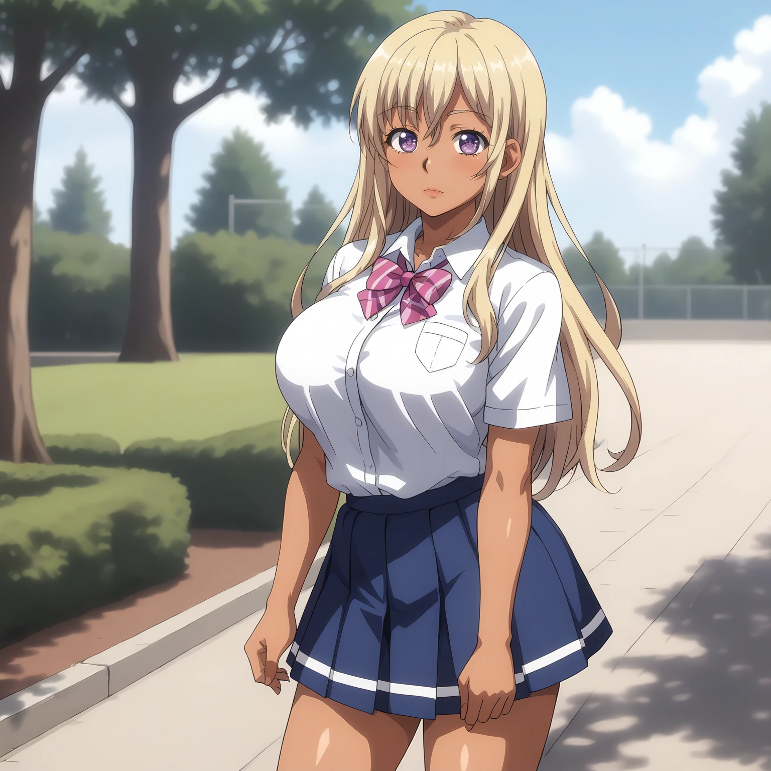 <lora:BDCC_ChieriShiinaXLpony001>,
solo,
ChieriShiina,1girl,blonde hair,long hair,purple eyes,dark skin,
large breasts,
school_uniform,collared_shirt,bowtie,short_sleeves,
miniskirt,blue skirt,white line skirt,
loose_socks,
outdoors,
standing,