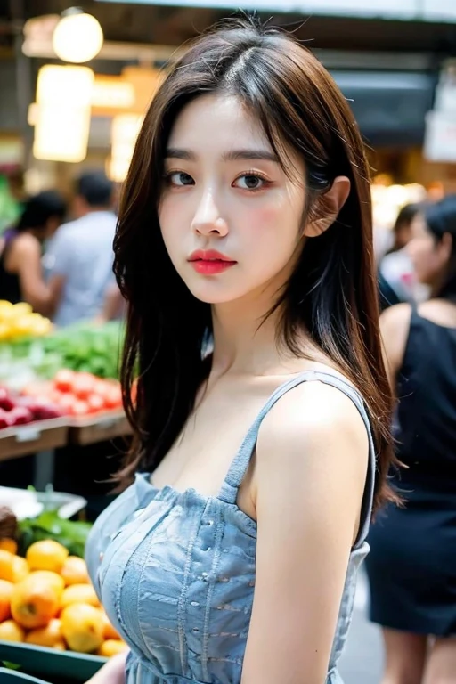 masterpiece, best quality, ultra-detailed, ultra high res, (photorealistic:1.4), raw photo, (realistic:0.2), 8k HDR, realistic lighting, looking at viewer, 1girl, solo, asymmetrical hair, outdoor, sky, (traditional market:1.2), bokeh, (detailed lips), (detailed pores), (detailed skin textures), (detailed face:1.2), (body:1.2), a woman in a sundress, promotional image, thigh gap,