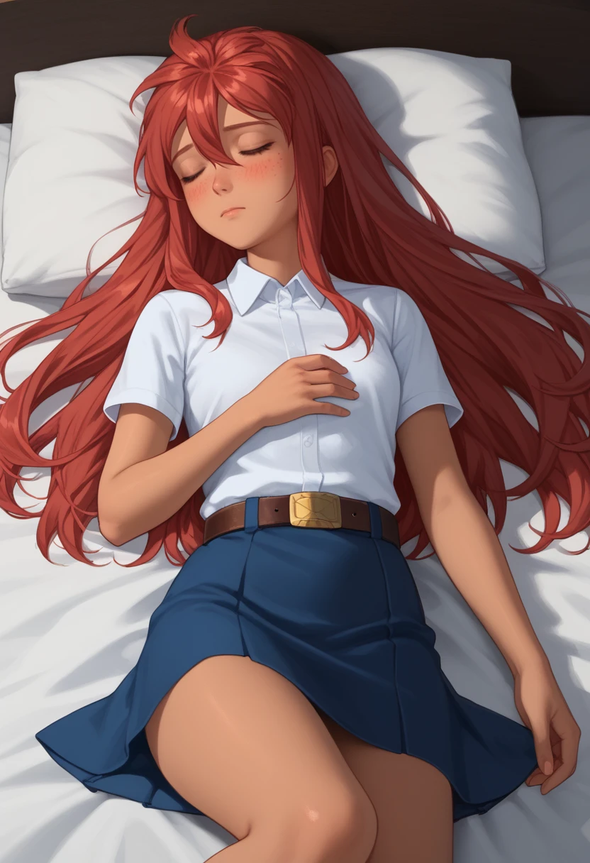 score_9, score_8_up, score_7_up, rating_safe, 
best quality, masterpiece, ultra detailed,
<lora:Expressive_H:1>, closed mouth, blush, shy,
sleep, 
<lora:Everlasting_Summer_Ulyana_by_GraffMetal:1>, ulyana, red hair, very long hair, hair between eyes, face freckles, body freckles, dark skin, 
belt, feet, lying, on side,on the bed, eyes closed, sleeping, white collared shirt, short sleeves, belt, blue skirt, white high socks, short skirt,
amazing background,