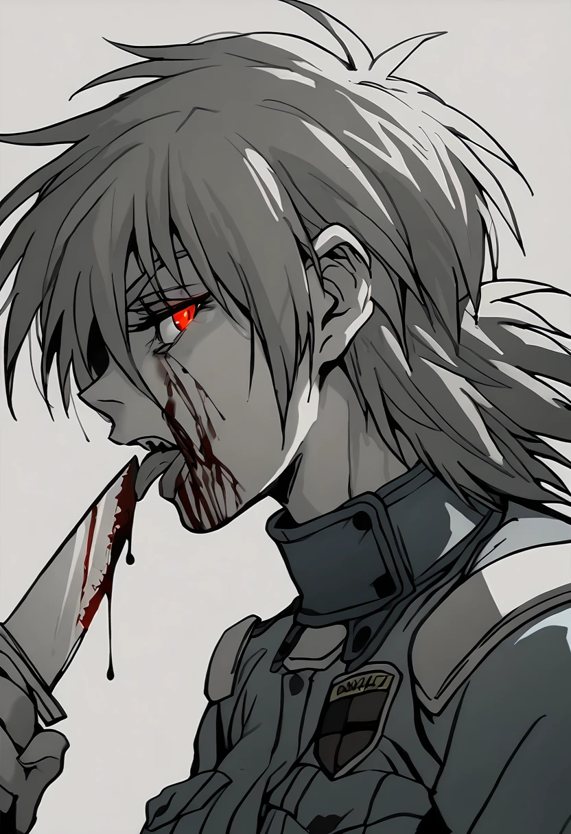 score_9, score_8_up, score_7_up, score_6_up, score_5_up, seras victoria, licking bloody knife, (holding large knife), intense, tongue, profile, blue military uniform, red eyes, monochrome <lora:Seras_Victoria:1>