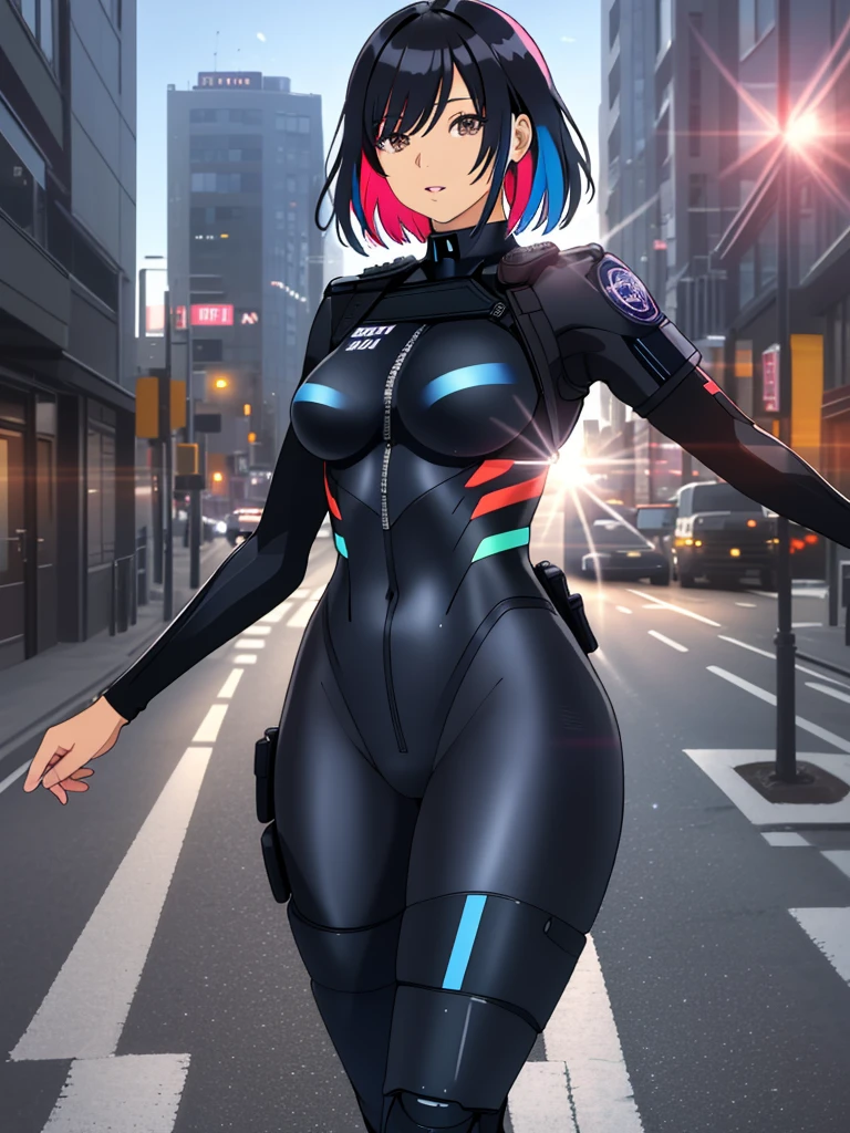 (modern anime style:1.1), 38yo police officer lady, tight female police suit, thick hips, city, street, outdoors, sunny, (colored lines, flat colors:1.2), (realistic dark lighting, lens glare, lens effect:0.9)