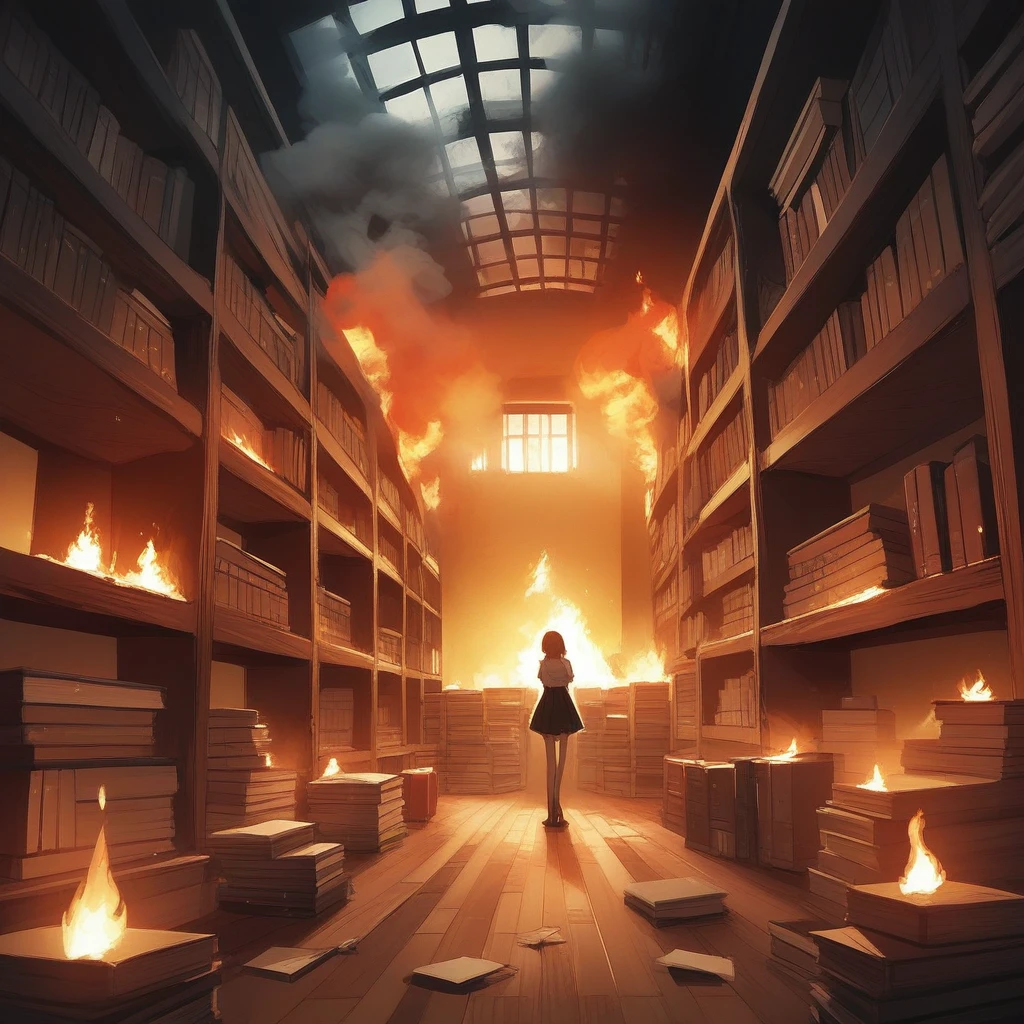 score_9, score_8_up, score_7_up, score_6_up, score_5_up, score_4_up, zPDXL2,source_anime,rating_questionable, <lora:Burning_Building:0.8> burn1ngbuild, fire,interior, smoke, library