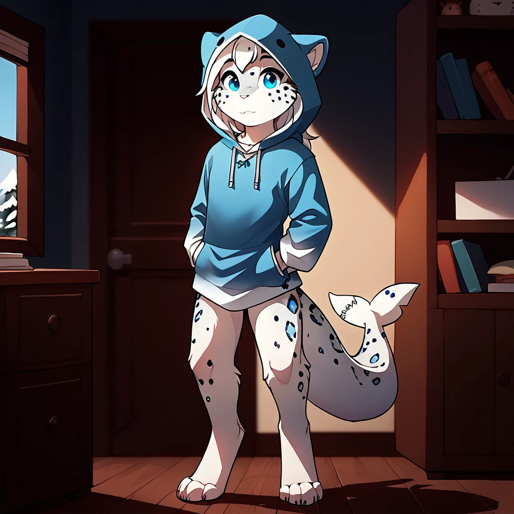 score_9,score_8_up,score_7_up,score_6_up,score_5_up,score_4_up,source_furry, maevetk, anthro, female, snow leopard, young, blue eyes, white hair, ahoge, furry,flat chested,1girl,detailed fur, detailed indoors,  young anthro, digitigrade, barefoot, standing, SHARK HOOD, BLUE HOODIE, GAWR GURA, <lora:37de695d-9a33-4dab-b796-c083e8af4c2c:0.7>, <lora:7a0ca646-a178-4c62-a555-01c5046f206d:0.7>