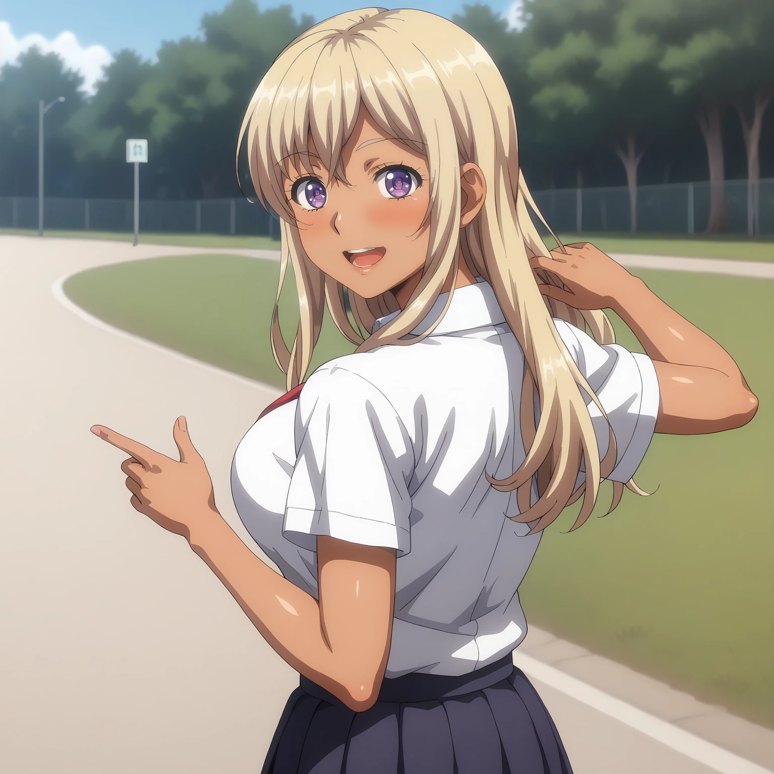 <lora:BDCC_ChieriShiinaXLpony001>,
smile,blush,open mouth,
solo,
ChieriShiina,1girl,blonde hair,long hair,purple eyes,dark skin,
large breasts,
school_uniform,collared_shirt,short_sleeves,
outdoors,
looking back,