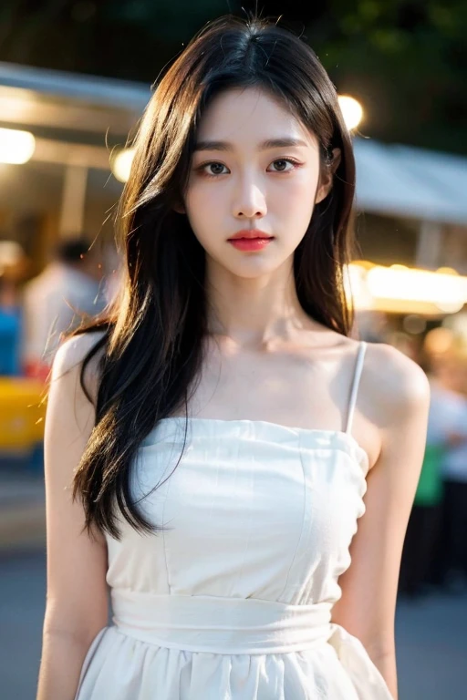 masterpiece, best quality, ultra-detailed, ultra high res, (photorealistic:1.4), raw photo, (realistic:0.2), 8k HDR, realistic lighting, looking at viewer, 1girl, solo, asymmetrical hair, outdoor, sky, (traditional market:1.2), bokeh, (detailed lips), (detailed pores), (detailed skin textures), (detailed face:1.2), (body:1.2), a woman in a sundress, promotional image,