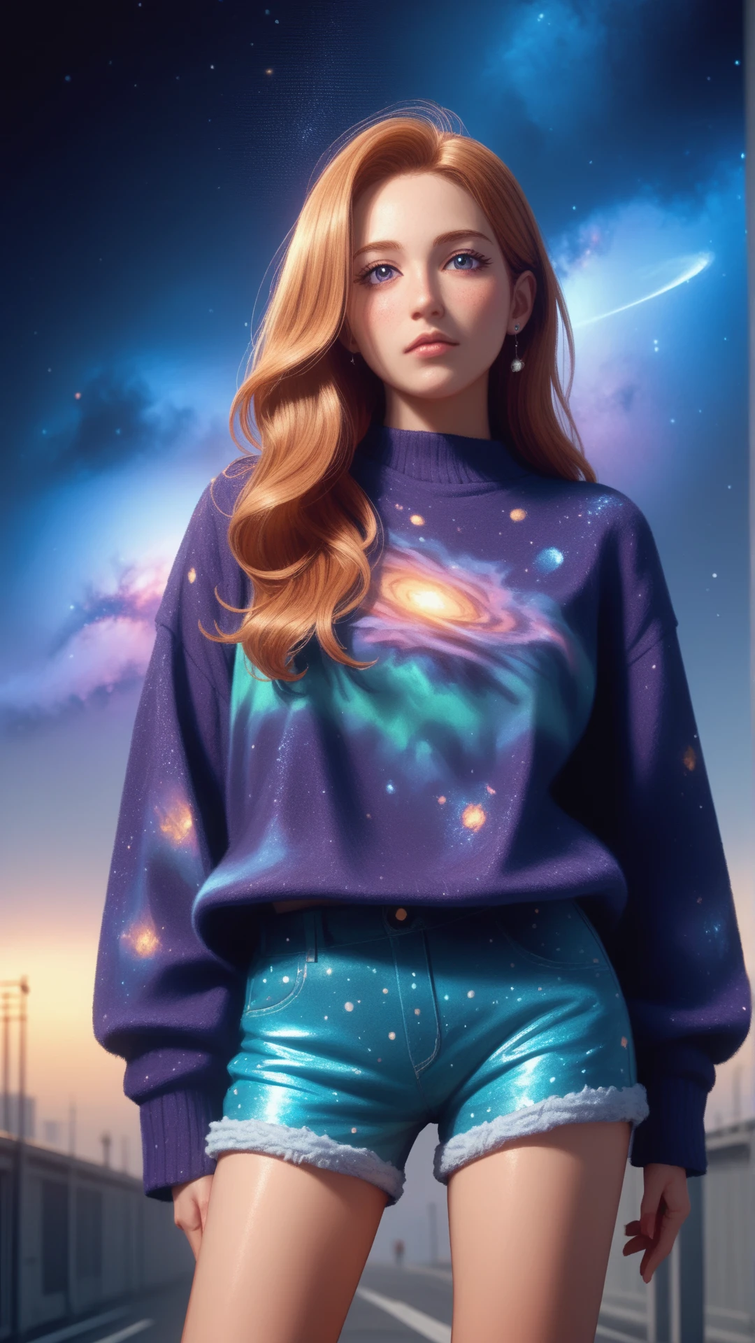 score_9, score_8_up, score_7_up, score_6_up,<lora:CosmicStylePDXL:1> woman wearing cosmic pattern glitter CosmicStyle Corduroy shorts, Fleece pullover, shiny