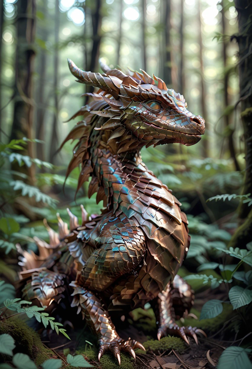 Score_9, score_8_up, score_7_up, A bronze dragon in an enchanted forest with detailed scales